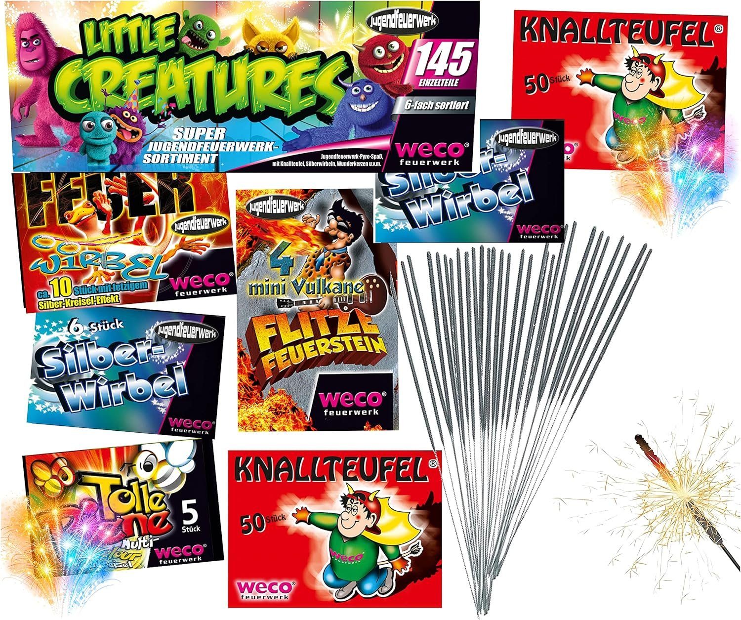 happy sparks® Geburtstagskerze 145 Teile Little Creatures - Tischfeuerwerk Kat. 1 - Silvester (Set, 145-tlg., 1x Little Creatures Jugendfeuerwerk), verschiedene Jugendfeuerwerk