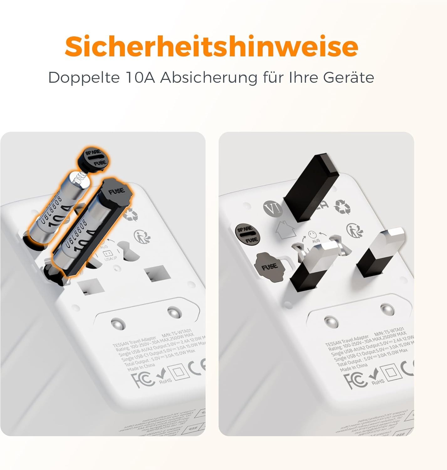 TESSAN Universal Reisestecker 1 USB-C 2 USB-A Reiseadapter für USA Reiseadapter