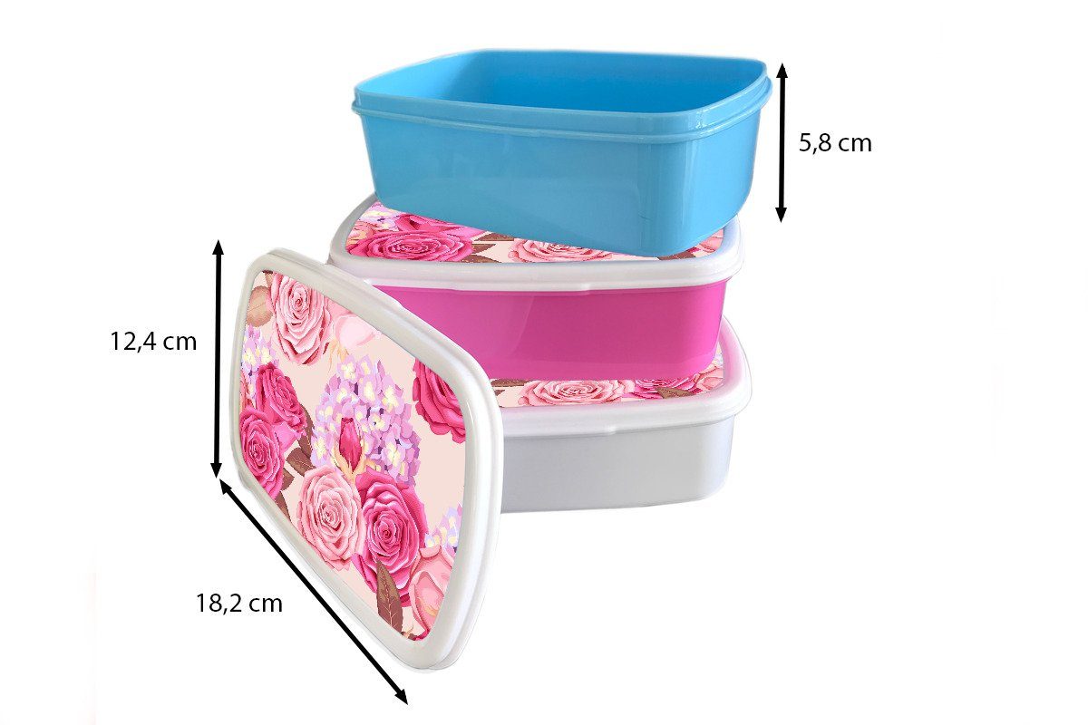 - für Mädchen, Brotdose Kunststoff, Hortensien (2-tlg), Kunststoff Rosen Snackbox, Brotbox Lunchbox MuchoWow Erwachsene, Blumen Rosa, - Kinder, -