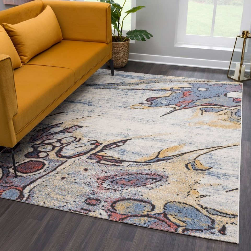 Teppich Wohnzimmerteppich - Creme - Multi Kurzflor Abstraktes Muster, payé,  Rechteckig, Höhe: 9 mm