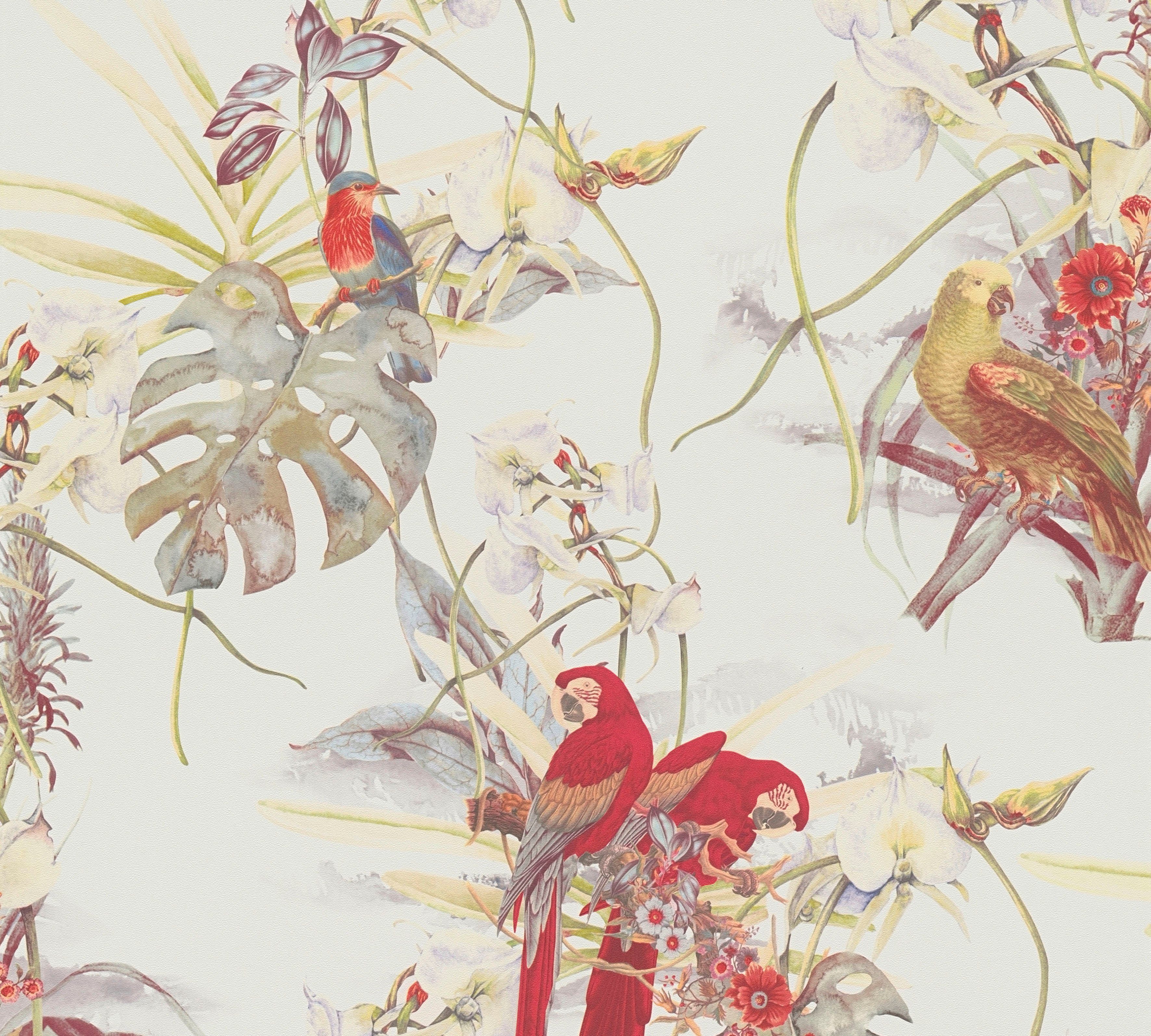 A.S. Création Floral, PintWalls St), matt, Papagei Blätter Vliestapete (1 glatt, rot/weiß/grün