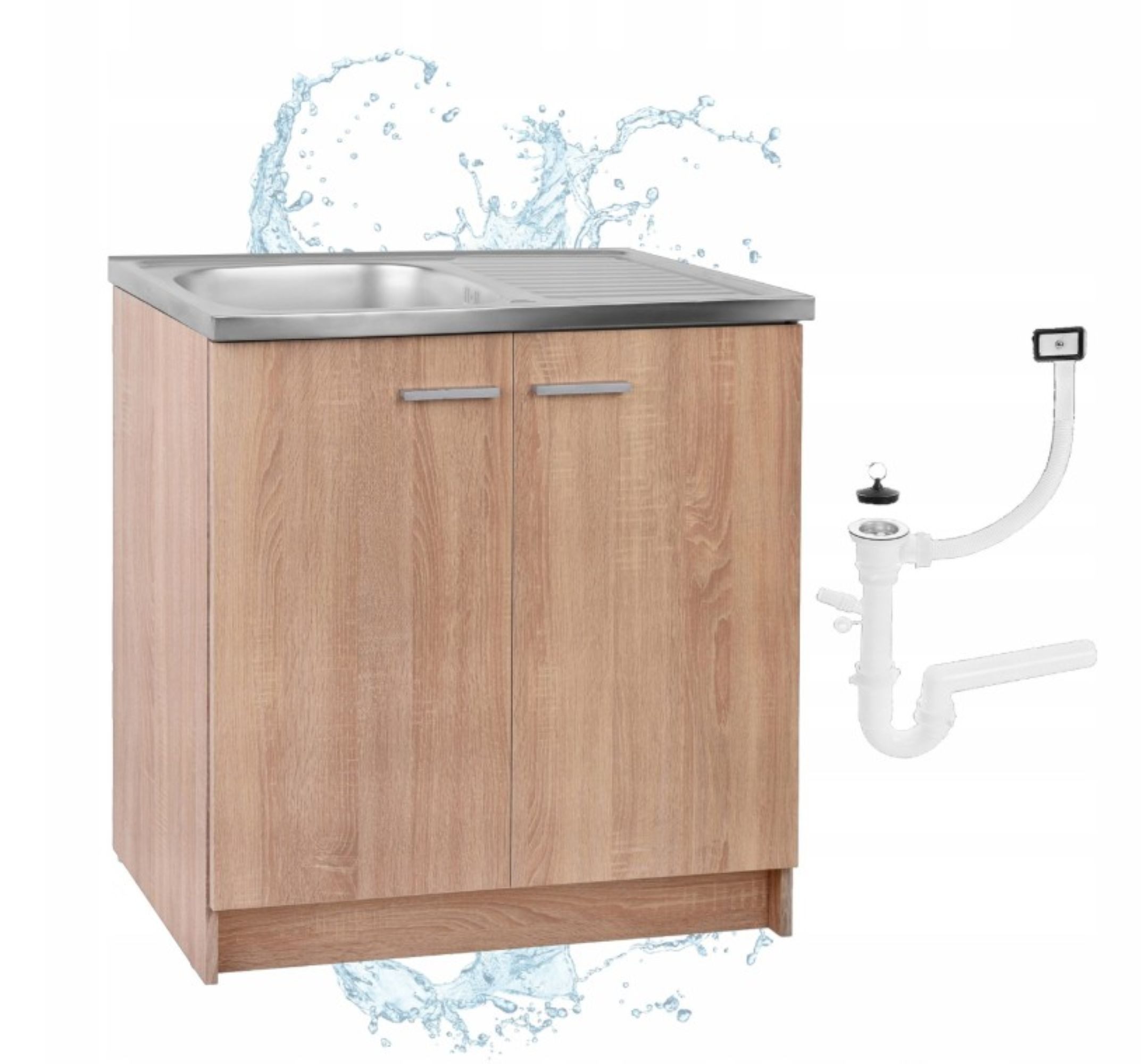 STAMAR Spülenschrank Küchenschrank 80cm Sonoma Eiche Spüle Edelstahl Siphon XXL Komplett Standschrank 49cm Tiefe ohne Armatur Montagefertig Groß Spülenschrank
