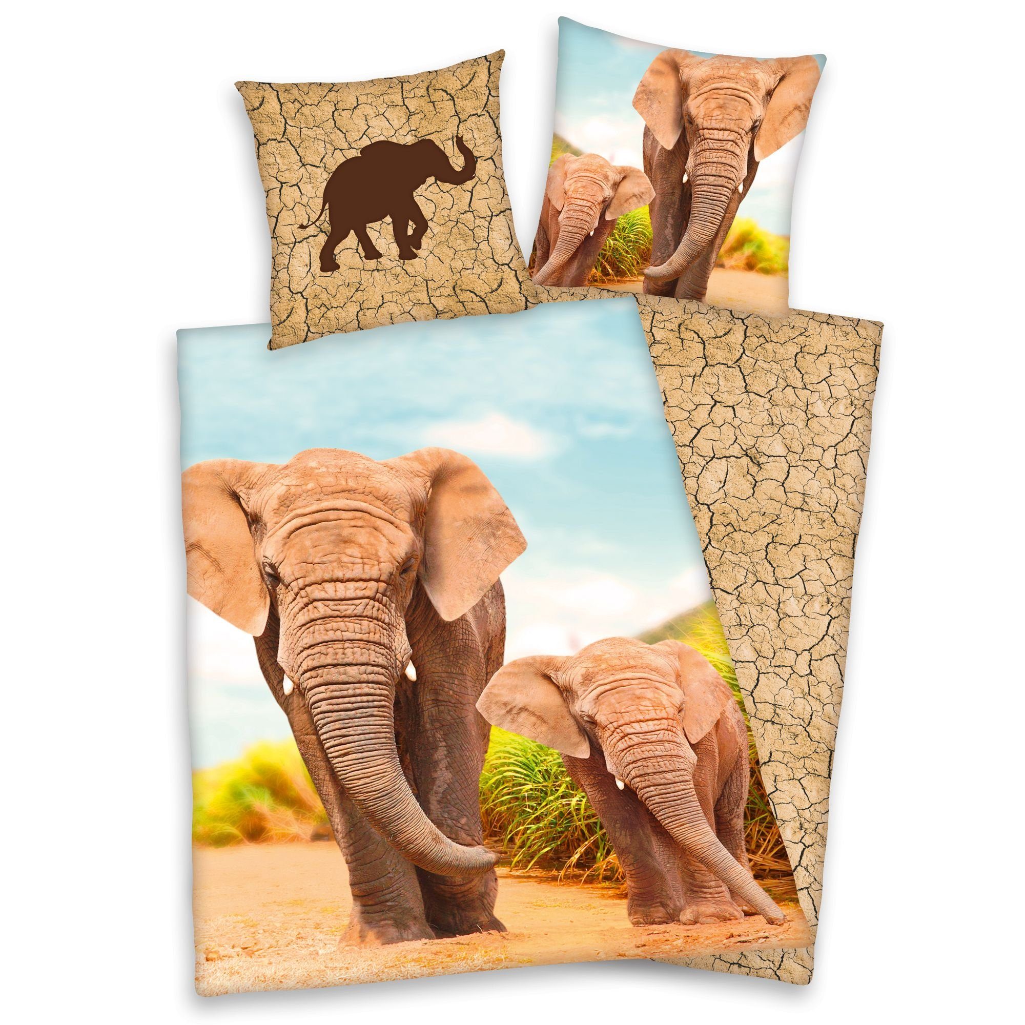 Herding Kinderbettwäsche Bettwäsche Elefant mit Baby 135x200 cm (80x80 cm), 1 teilig, Langlebig