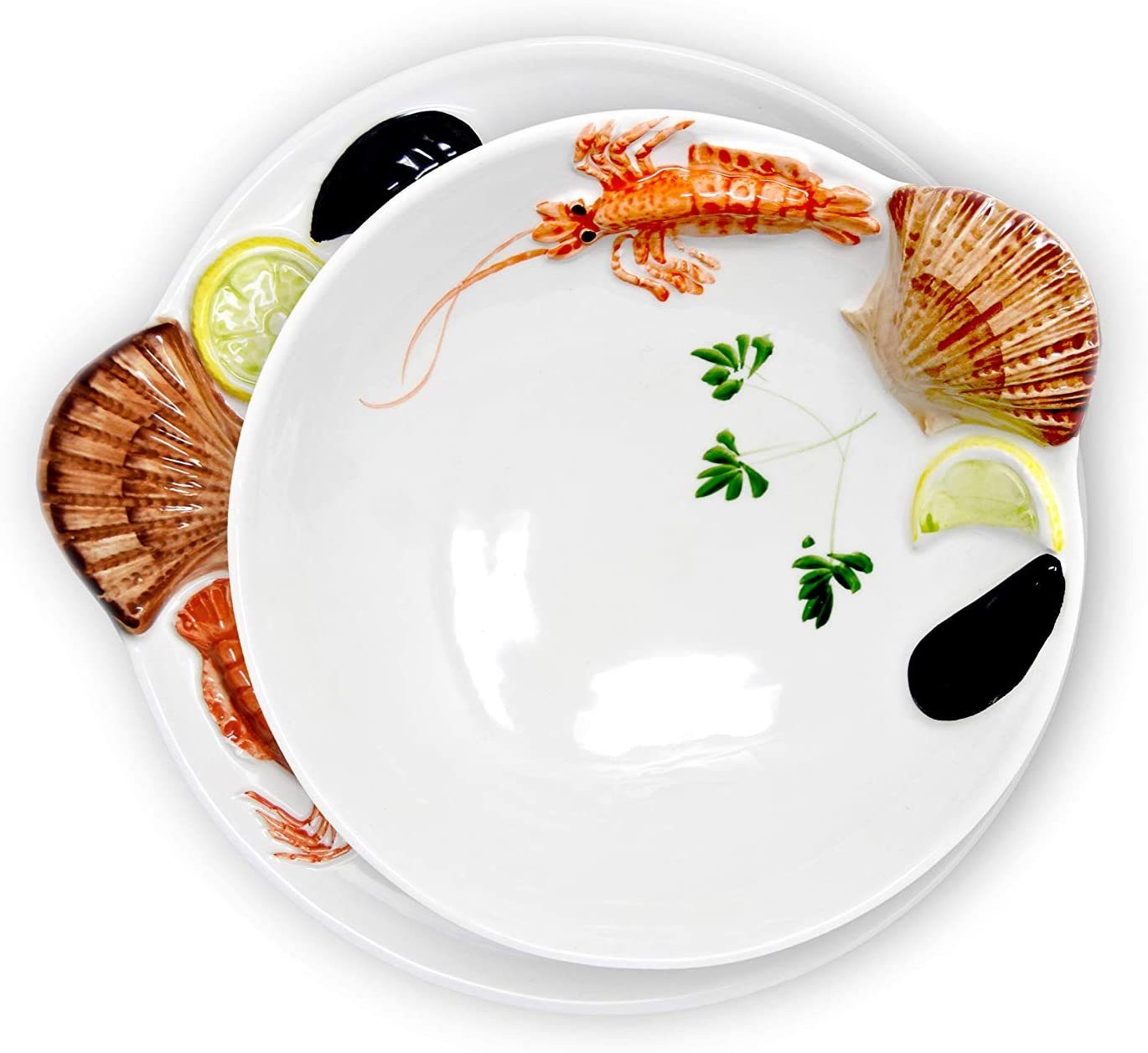 Lashuma Kombiservice Meeresfrüchte (2-tlg), Keramik, Runder Suppenteller Ø 22 cm und Servierplatte Ø 25 cm