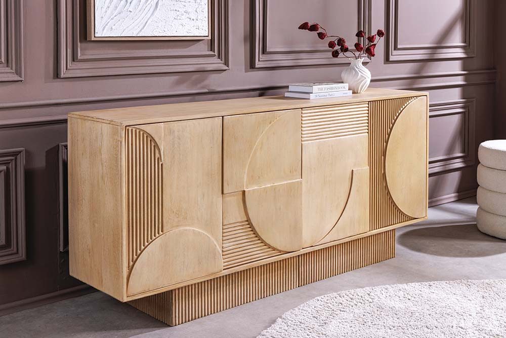 riess-ambiente Sideboard ART DECO 170 cm weiß gekälkt – Mangoholz, massiv, handmade, Stauraum (Einzelartikel, 1 St), kunstvoll gefertigte Kommode mit 3D‑Front - ideal für Wohnzimmer & Co.
