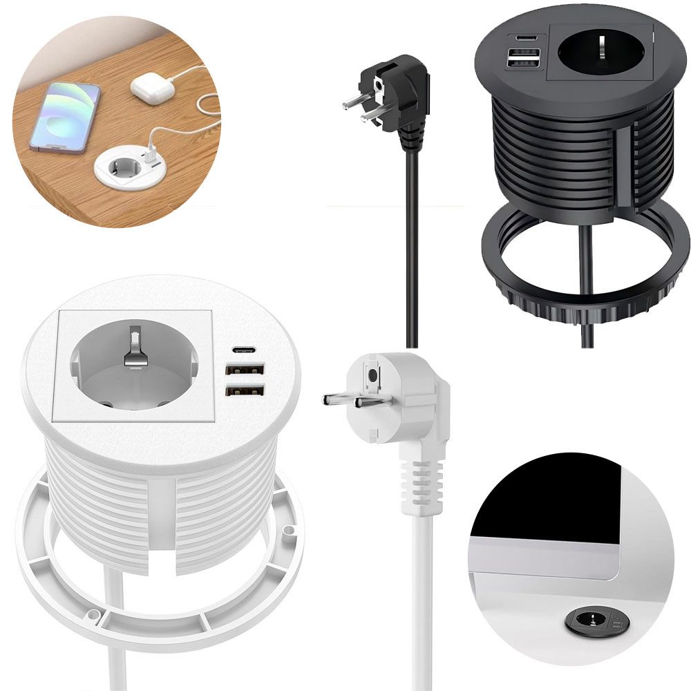 PRIISF Unterputz-Steckdose 3-Port USB Einbausteckdose Unterputz USB-Ladegerät Tischsteckdose rund, USB-C Anschluss, Einbau Steckdosenleiste, USB-A Anschluss, Versenkte Tischsteckdosenleiste Schreib-Tisch-Einbau-Steckdose, Unterbau Ladestation für Arbeitsplatte Wand Möbel Küche Büro Wohnraum