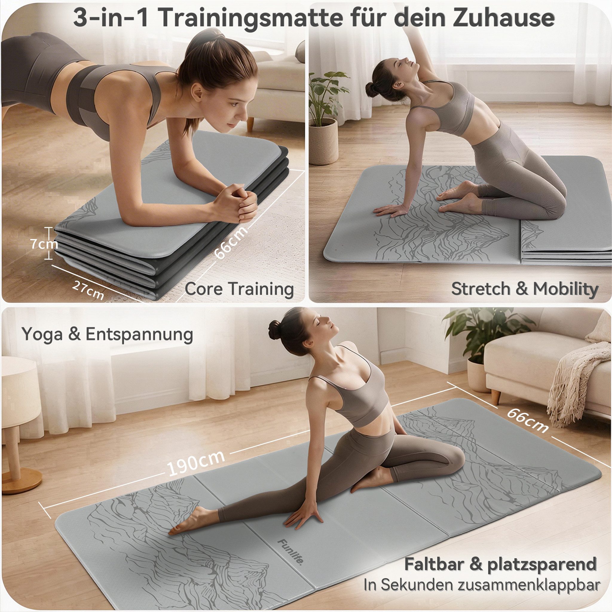 FunLife Yogamatte FOLD Design-Edition (Einzelmatte), 10 mm dick, faltbar, platzsparend, 190 × 66 cm