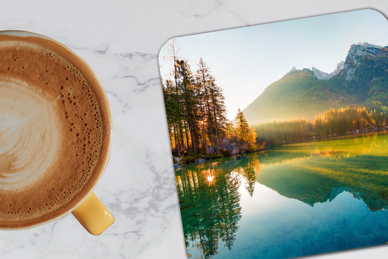 Wald - Berge 6-tlg., - See für Gläser, - Untersetzer, Tischuntersetzer, Glasuntersetzer - Korkuntersetzer, Natur - Sonne Landschaft, Zubehör MuchoWow Tasse Glasuntersetzer,