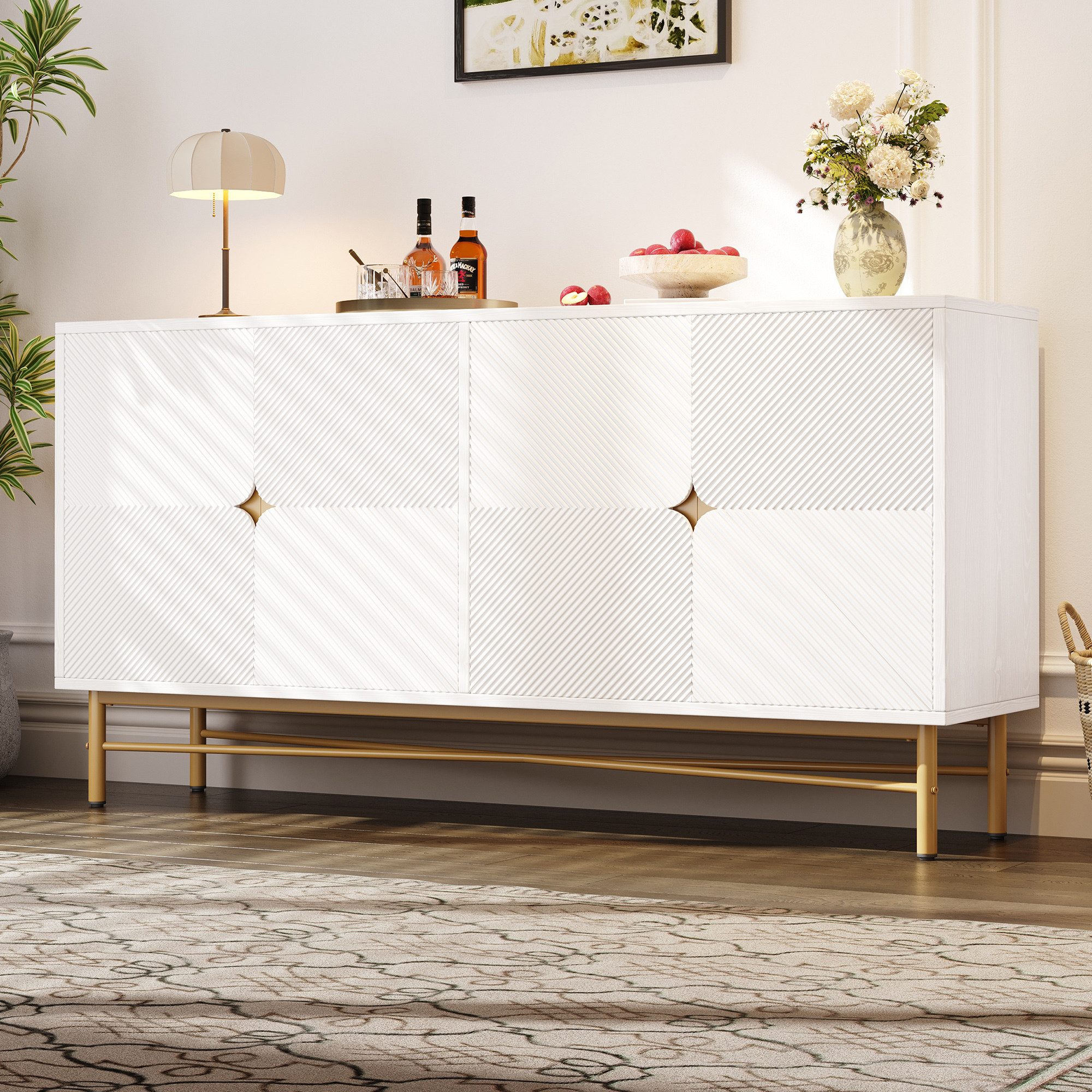 STILVORA Sideboard mit Hochglanz,Beistellschrank Aufwahrungsschrank mit goldenen Beinen (Sideboard Hochglanz 160 cm mit Goldgriffen & Soft-Close – Viel Stauraum & Strukturfront)