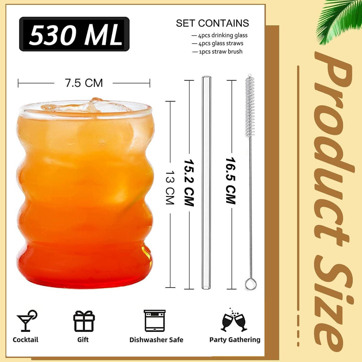 LuxusKollektion Longdrinkglas Gerippte Trinkgläser mit Glasstrohhalmen 4er Set 530ml Bubble Wave