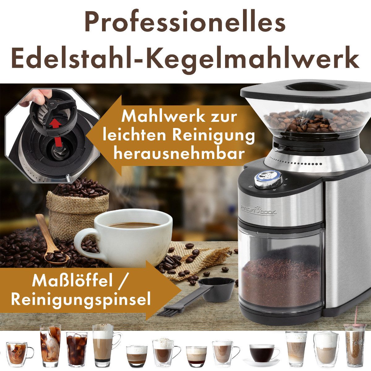 ProfiCook Kaffeemühle PC-EKM 1205, Kaffeemühle elektrisch mit Edelstahl-Kegelmahlwerk