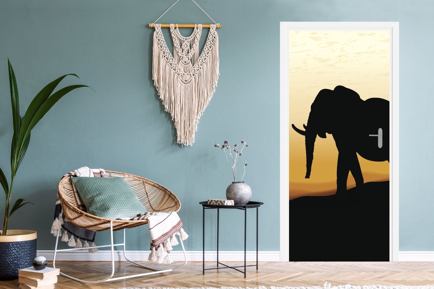 bedruckt, Elefanten Illustration Eine (1 Matt, für afrikanischen cm Türaufkleber, Tür, Fototapete Türtapete bei 75x205 eines St), MuchoWow Sonnenuntergang,