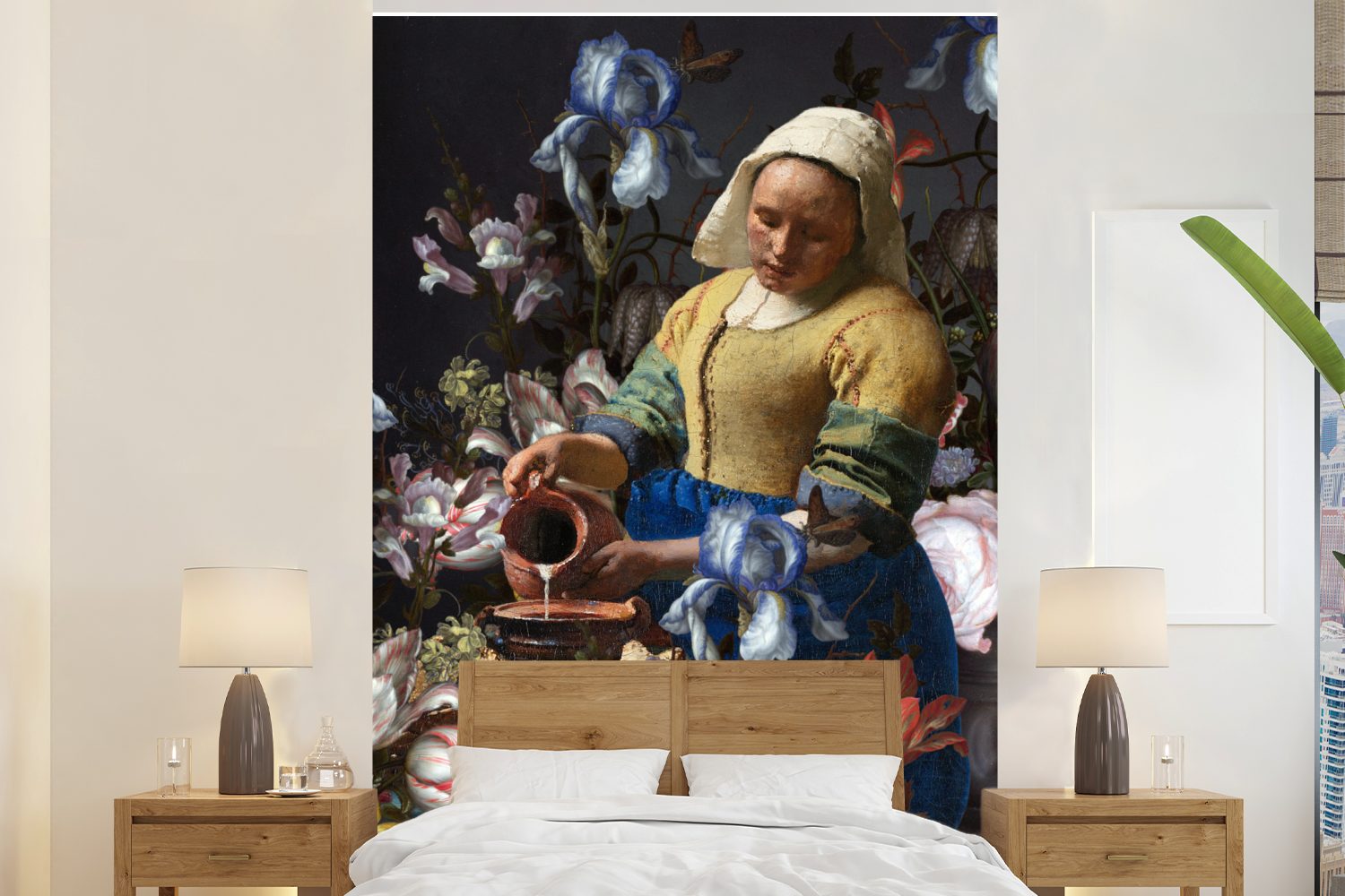 MuchoWow Fototapete Milchmädchen - Johannes Vermeer - Blumen, Matt, bedruckt, (3 St), Montagefertig Vinyl Tapete für Wohnzimmer, Wandtapete