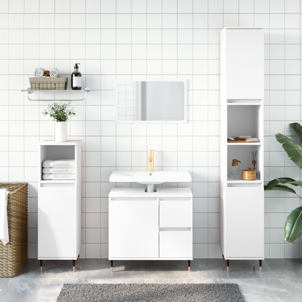 Badkommode Badezimmerschrank Weiß 30 x 30 x 190 cm mit Eisenfüßen