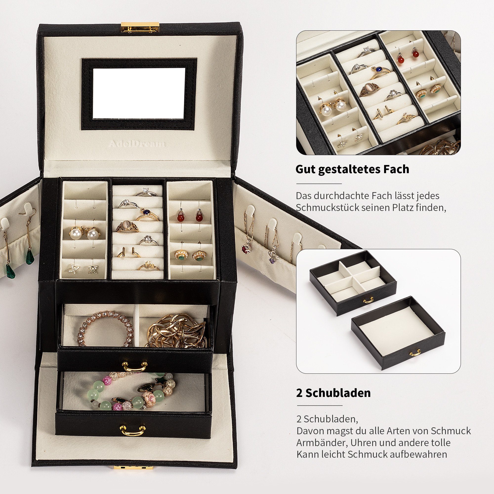 AdelDream Schmuckkasten Mini-Schmuckkästchen, 3 Ebenen, 2 Schubladen, 3 Farben, mit Spiegel, viel Stauraum