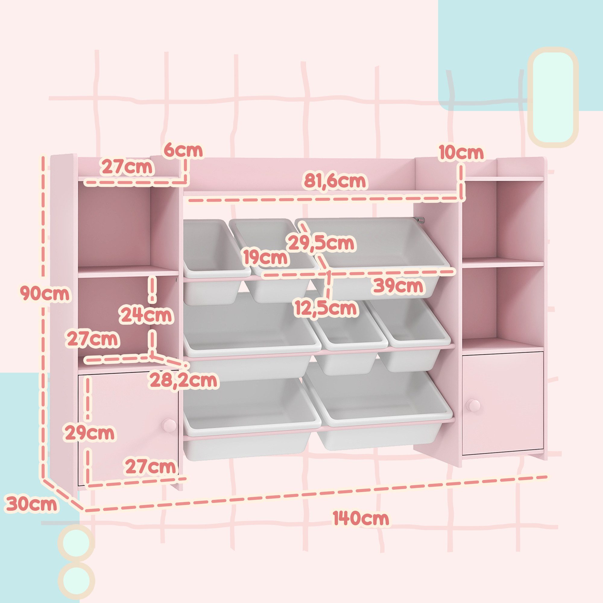 AIYAPLAY Kinderregal Spielzeugregal, Bücherregal, 8 Aufbewahrungsboxen, 4 offene Fächer, Kinderregal 1-tlg., für Kinderzimmer, Spielzimmer, Wohnzimmer, 140 x 30 x 90 cm, Rosa
