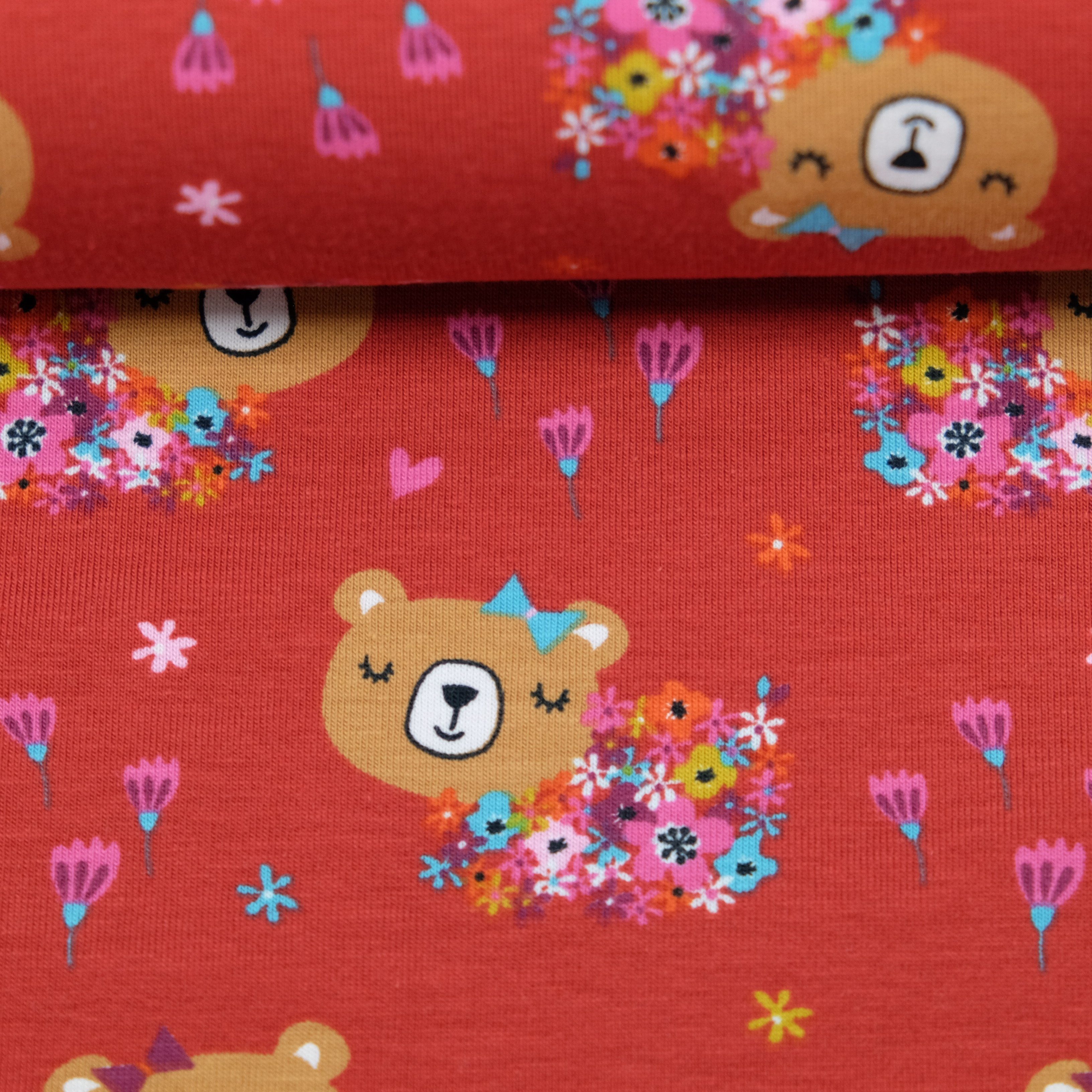 larissastoffe Stoff Jersey Stoff Bären Blumen rot, Meterware, 50 cm x 150 cm