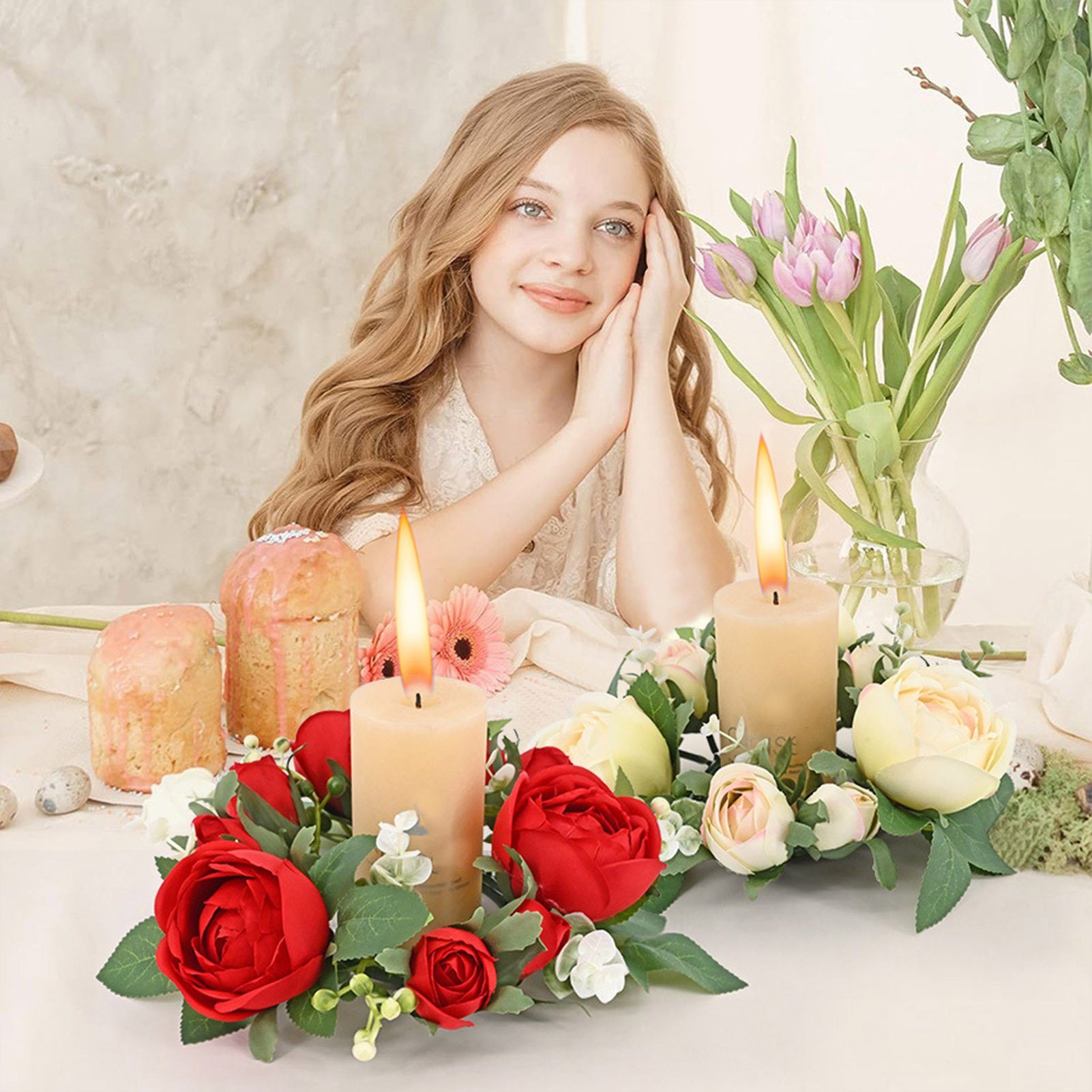 Realistische Hochzeitsdekoration 2 für Valentinstag Dekoration, Stück Künstliche Tischkranz Rutaqian Rot Tischkerzen Zuhause Dekorative Girlande Kerzengirlande