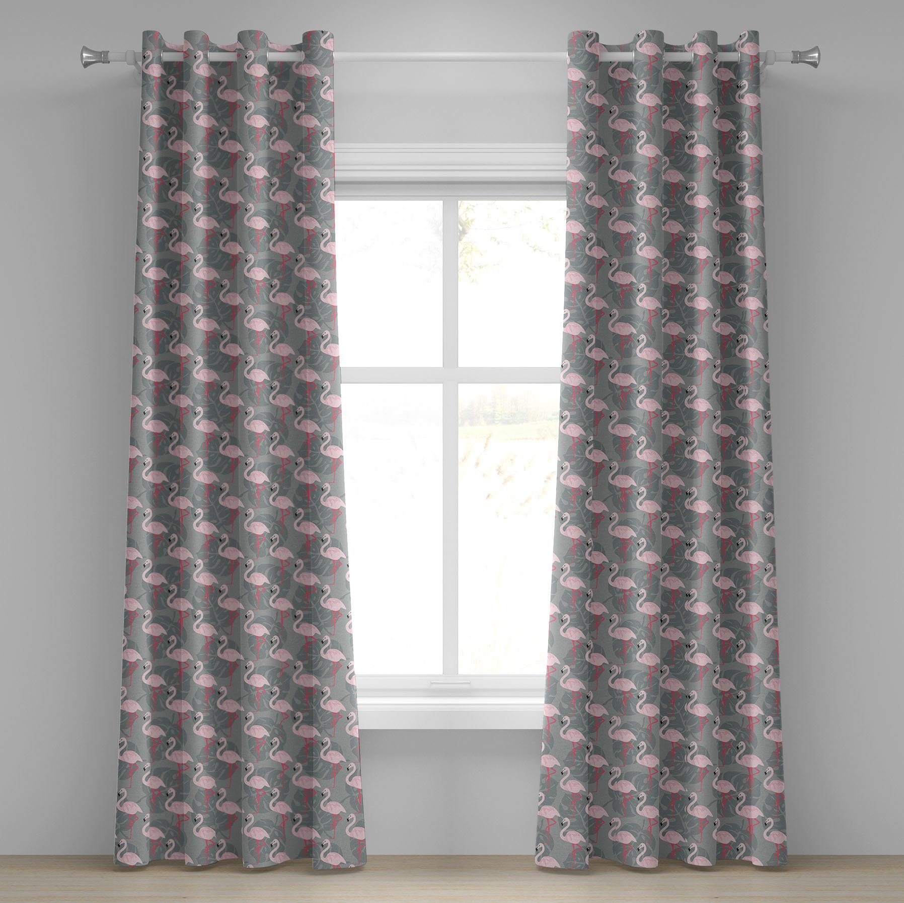 Gardine Dekorative 2-Panel-Fenstervorhänge für Schlafzimmer Wohnzimmer, Abakuhaus, Flamingo Baum-Blätter Wildlife
