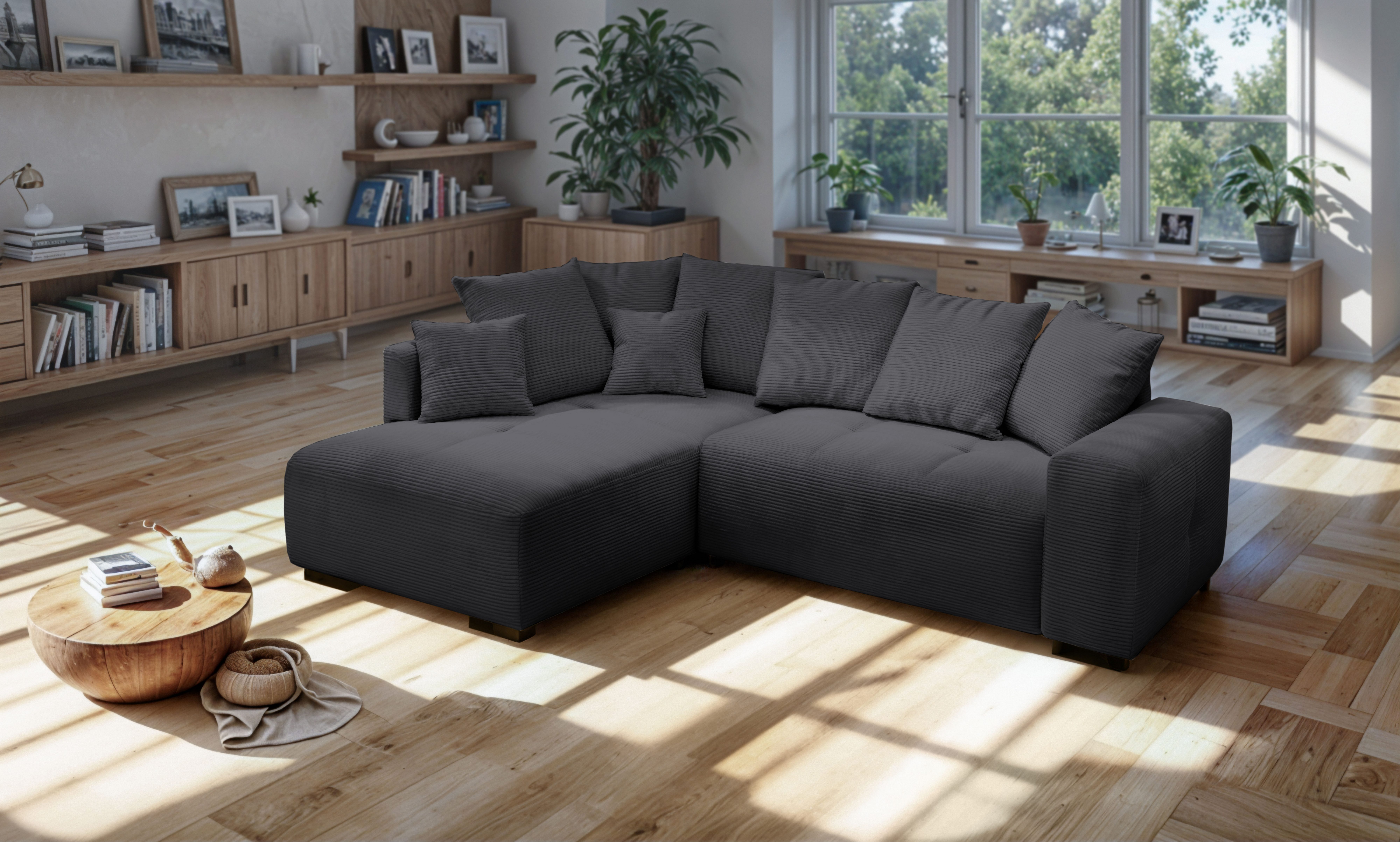 exxpo - sofa fashion Ecksofa Arpino, elegant & bequem, Ottomane beidseitig montierbar, L-Form, Breite 243cm, komfortable Wellenunterfederung, moderner Cord Bezug