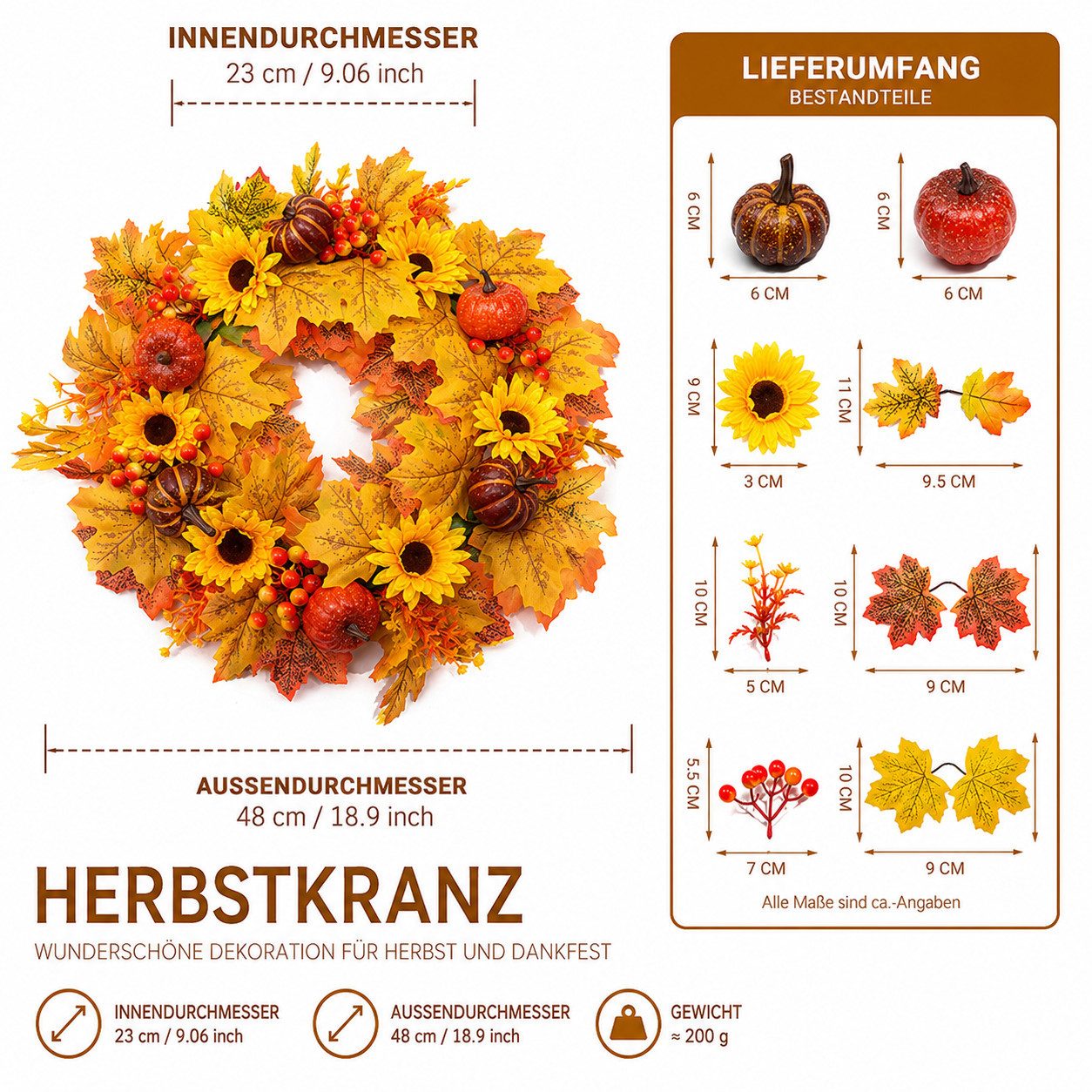Sorvyzxn Dekokranz Herbstkranz 48 cm, Türkranz mit Ahornblättern für Halloween, Mit Sonnenblumen, Kürbissen & Beeren für Herbst- und Halloween Deko – Bild 2 von 5