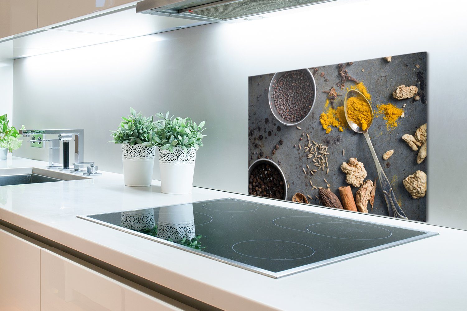 MuchoWow Küchenrückwand Kräuter auf aus cm, küchen 60x40 Hintergrund, (1-tlg), Herdblende Wandschutz, Temperaturbeständig grauem
