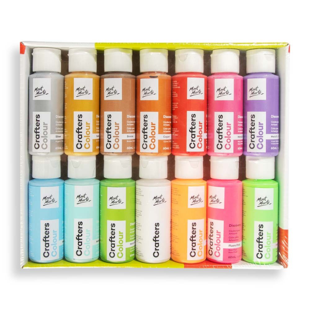 Mont Marte Bastelfarbe Crafters Colour Set – 14 x 60 ml, wählbar: Basic oder Metallic & Neon, Für Holz, Papier & mehr – vielseitige Farben für kreative Projekte