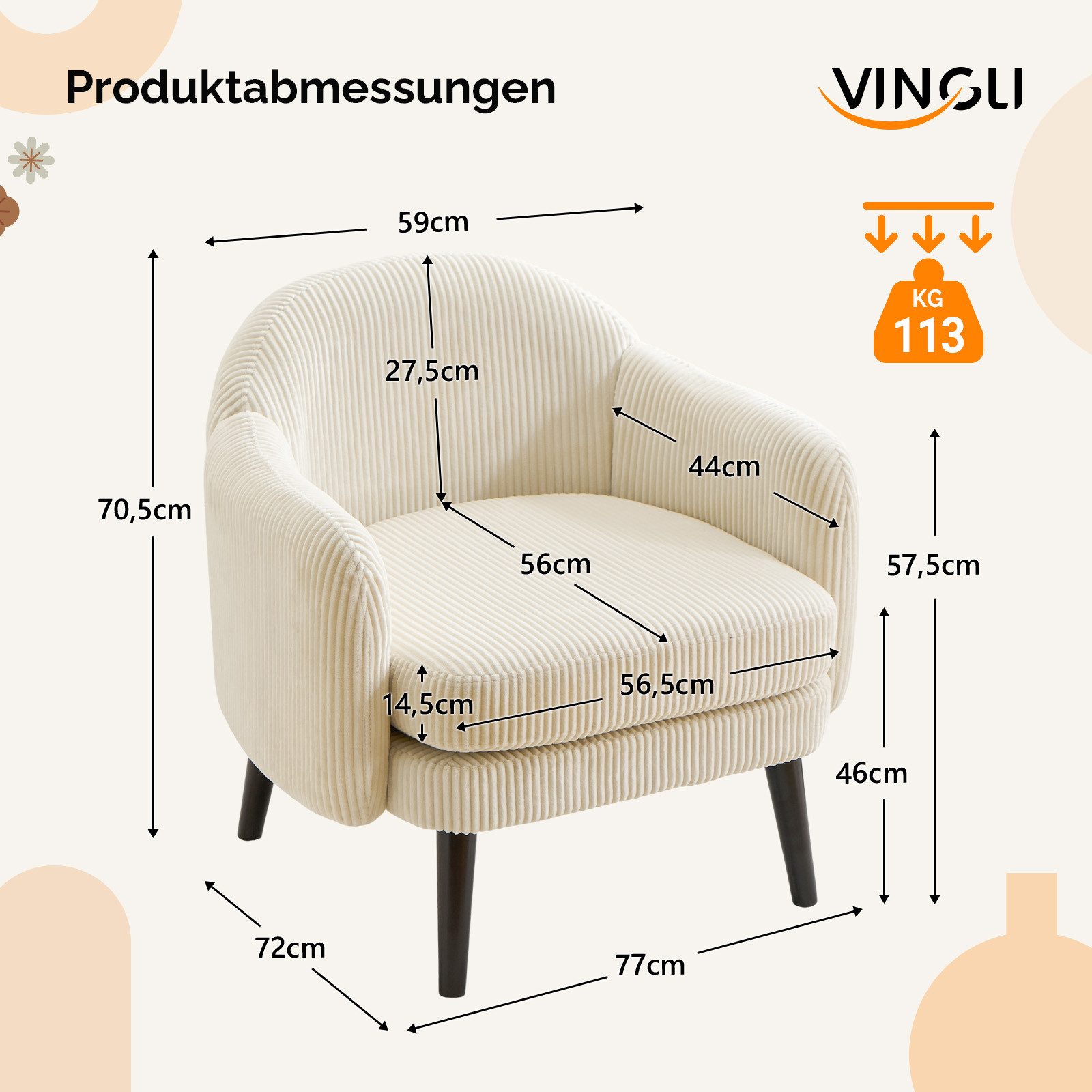 VINGLI Ohrensessel Cocktailsessel aus Cord, Moderner Loungesessel für Wohnzimmer, Holzbeine, Abnehmbares Sitzkissen & Armlehnen – Bild 2 von 5