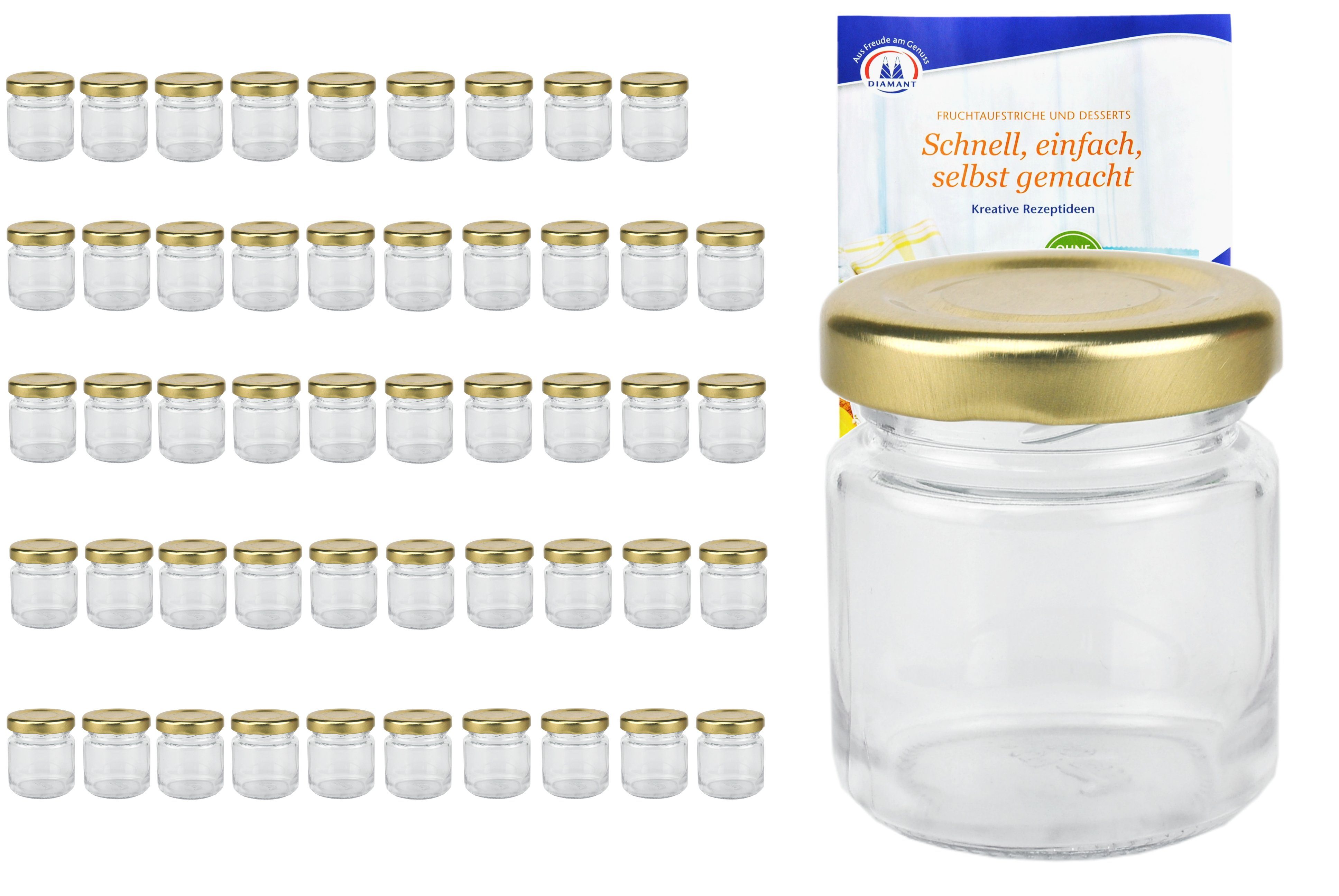 MamboCat Einmachglas 50er Set Sturzglas 53 ml To 43 goldener Deckel incl Diamant Rezeptheft, Glas
