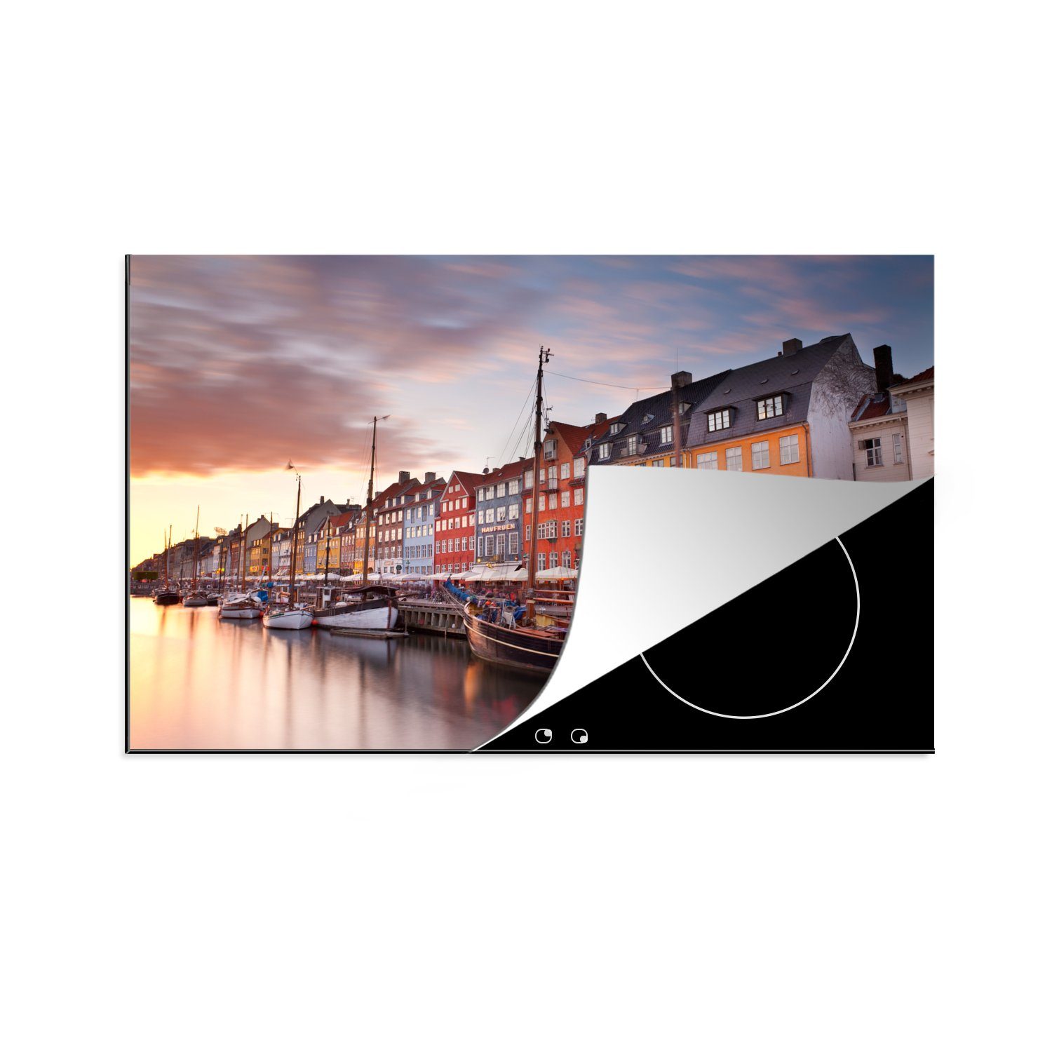 MuchoWow Herdblende-/Abdeckplatte Der Sonnenuntergang am Nyhavn, Vinyl, (1 tlg), 81x52 cm, Induktionskochfeld Schutz für die küche, Ceranfeldabdeckung