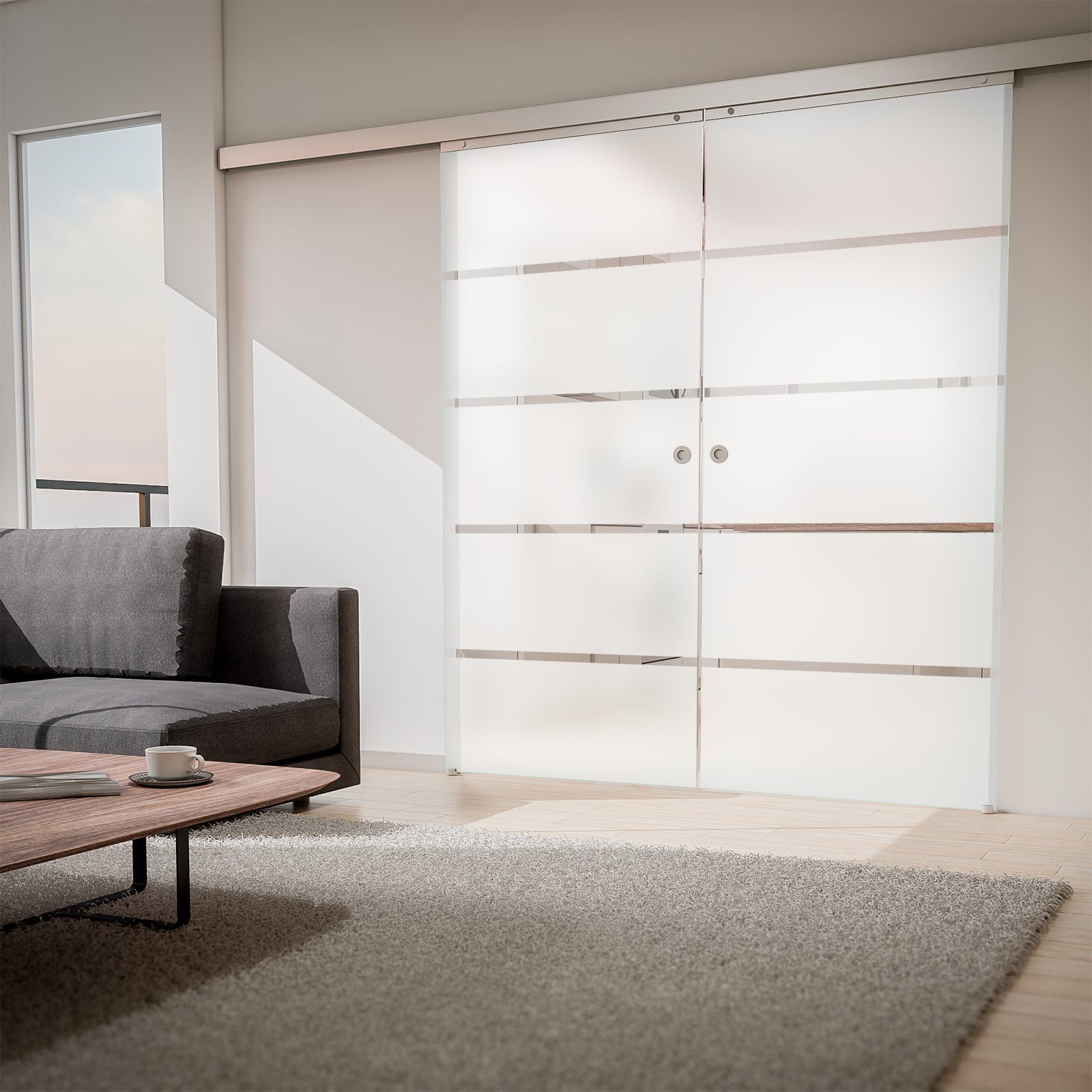 inova wohnen Doppelschiebetür Glasschiebetür Blockstreifen, Größenauswahl (Komplett Set, inkl. Schienensystem und Griff), Softclose-Funktion wählbar