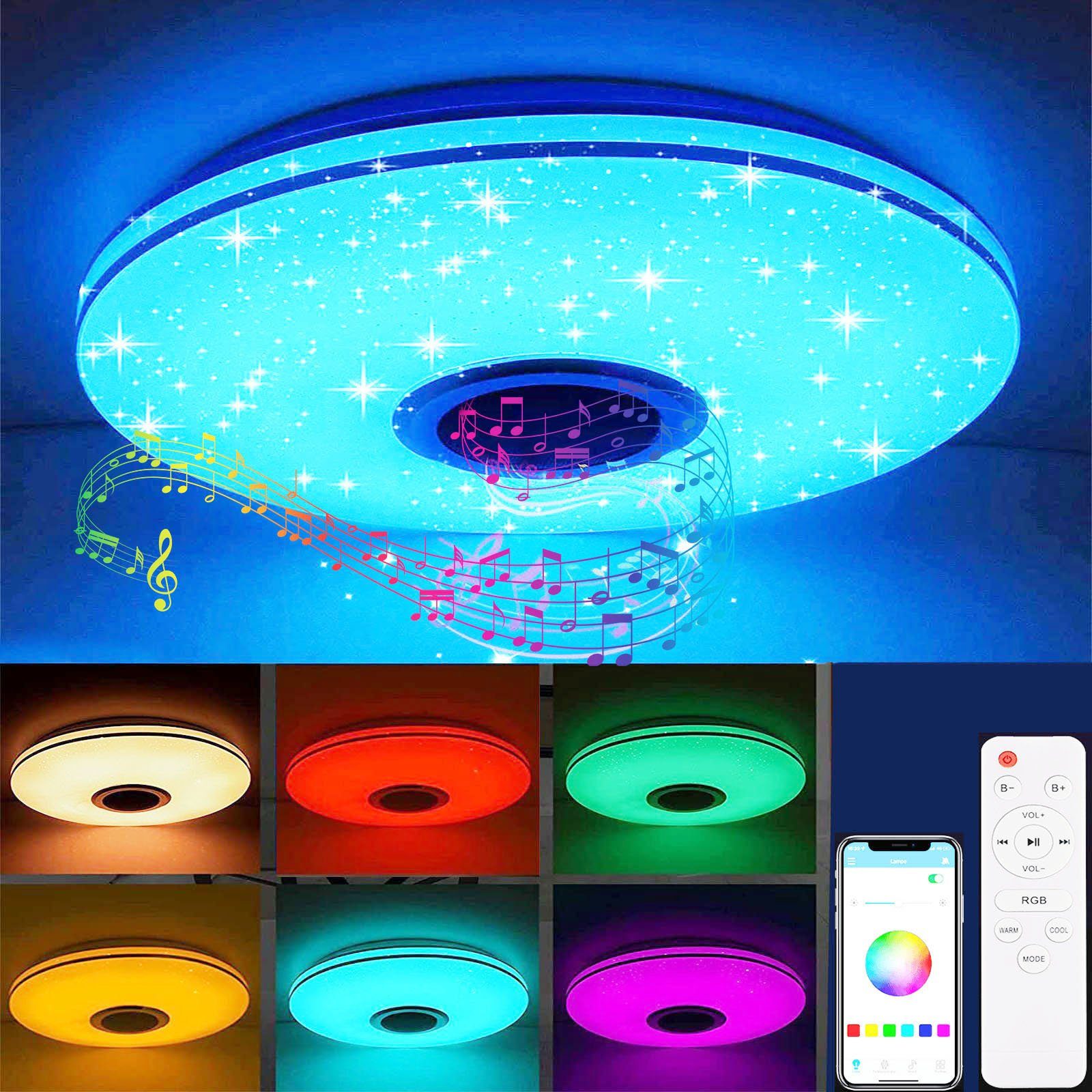 oyajia Deckenleuchte LED Deckenlampe mit Bluetooth Lautsprecher, RGB Dimmbar, LED fest integriert, RGB/Kaltweiß/Naturweiß/Warmweiß, Dimmbar mit Fernbedienung oder APP, für Schlafzimmer Küche Wohnzimmer