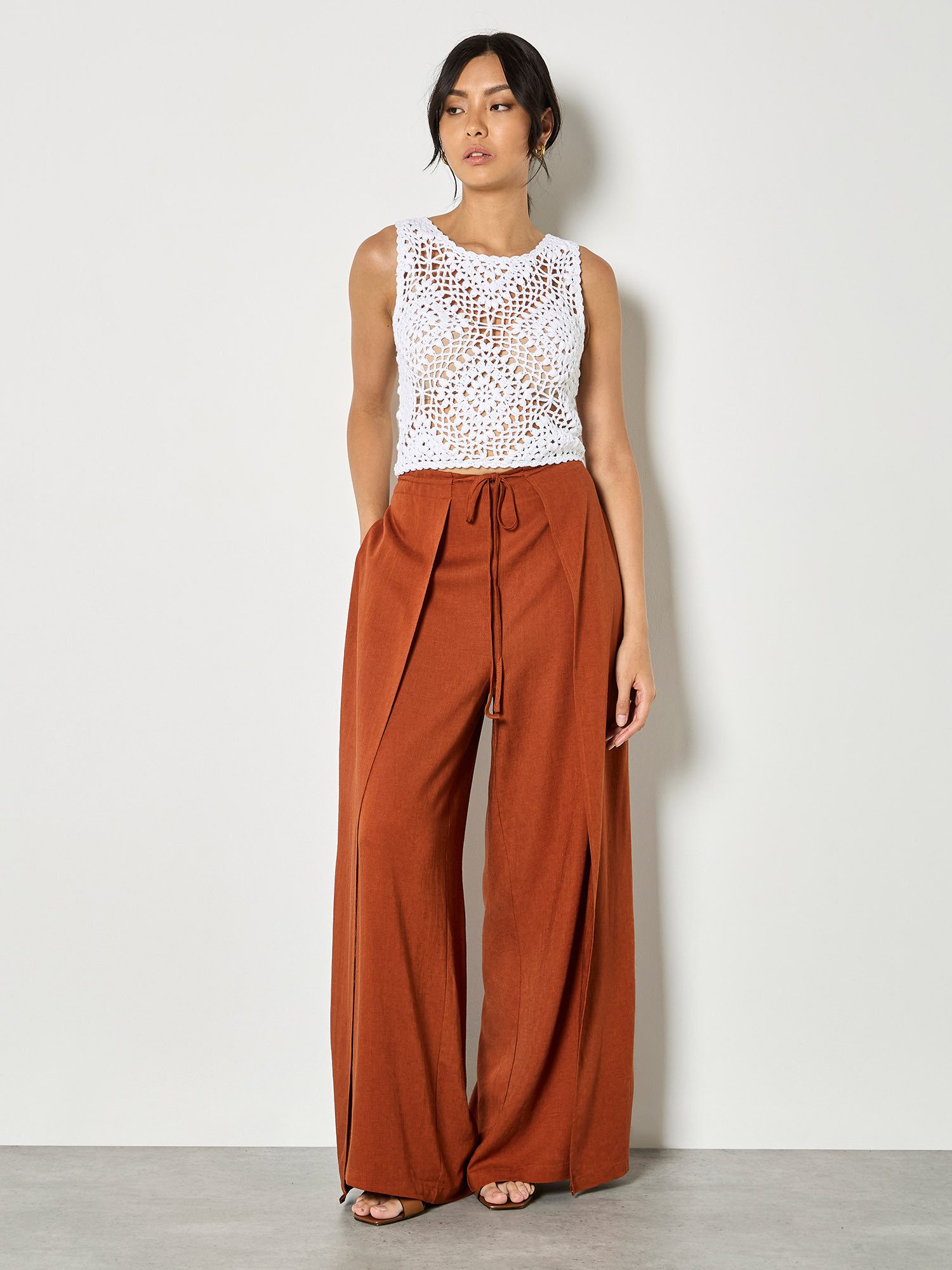 Apricot Palazzohose Wickelhose aus Leinenmischung mit weitem Bein