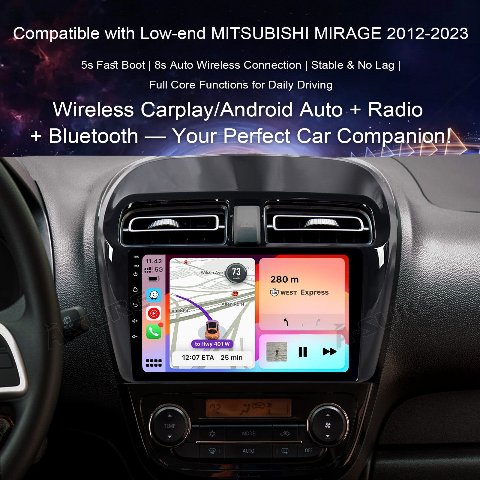 A-Sure Apple Carplay Android Auto Bluetooth Für Mitsubishi Space Star 2012-23 Autoradio (5s Schnellstart/1280*720 Screen/Apple Carplay/Android Auto/Bluetooth)