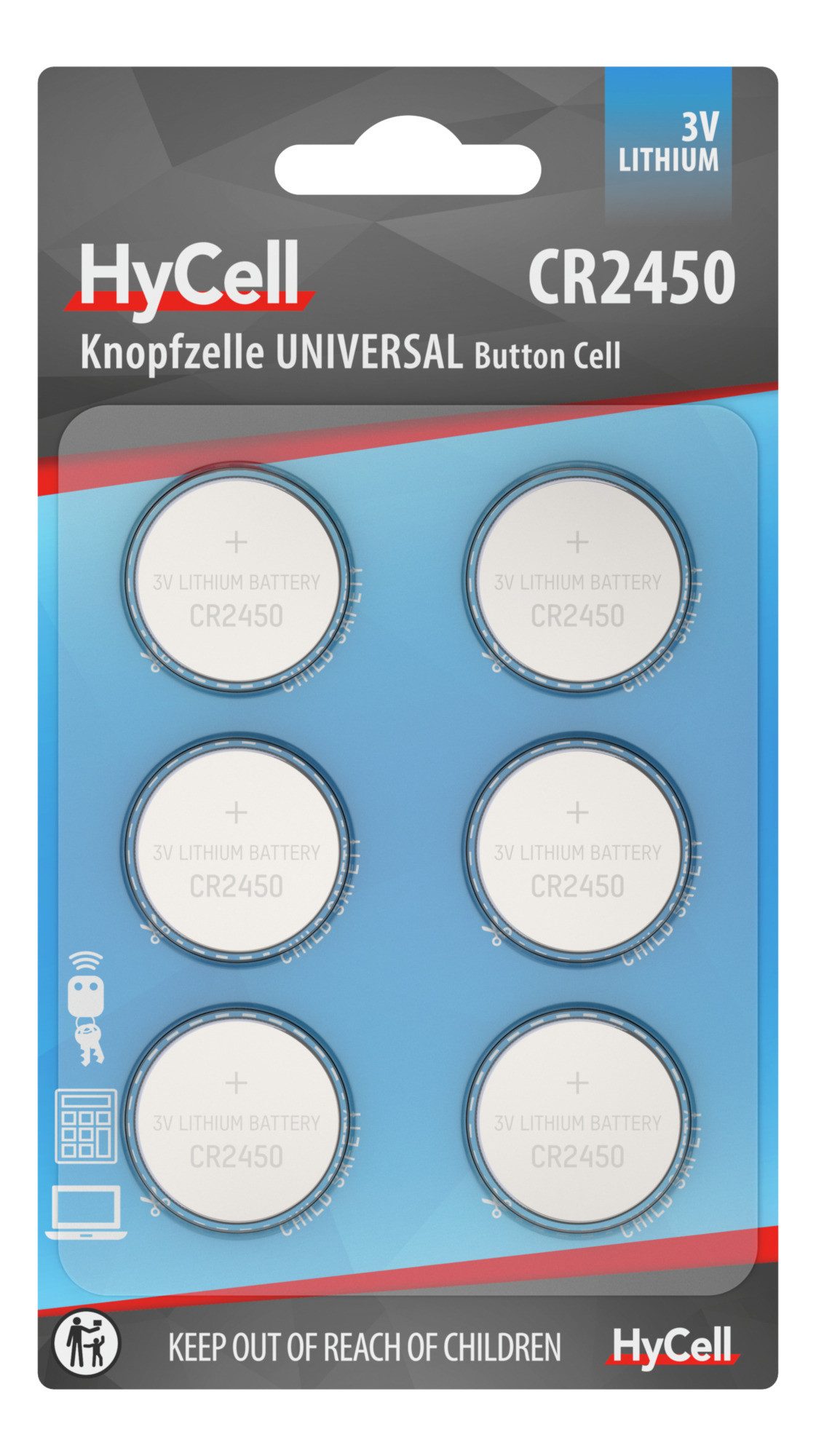 HyCell Lithium Knopfzellen CR2450 3V, 6 Stück Knopfzelle