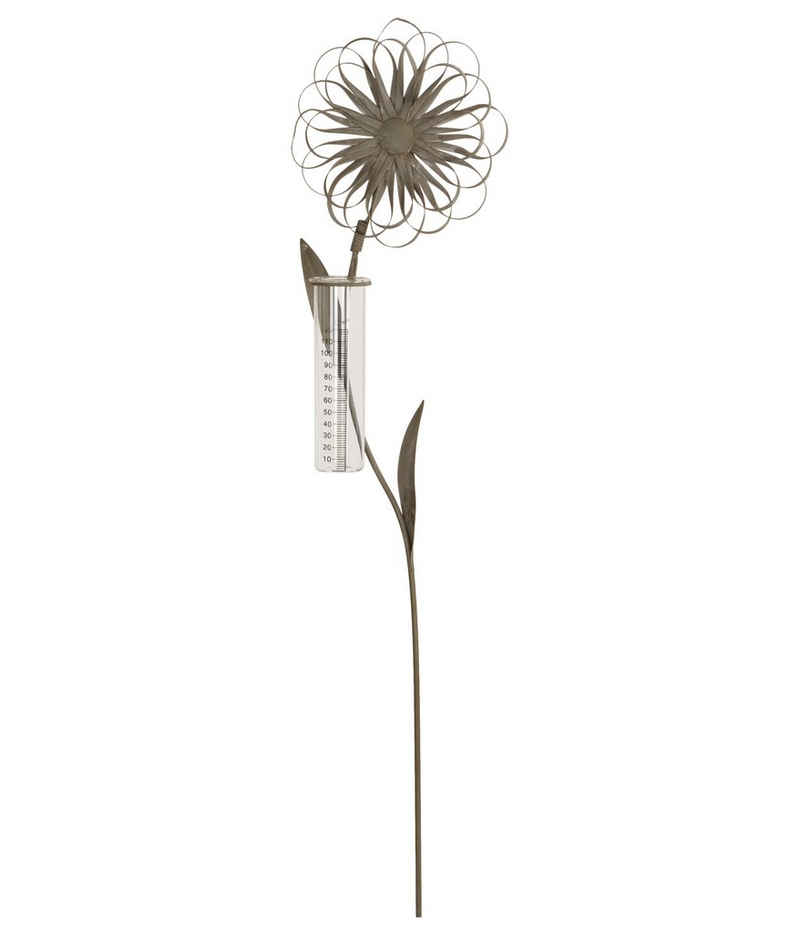 Dehner Gartenstecker Regenmesser, mit Blume an Deko-Stab 110 x 18.5 x 5 cm, Eisen, Farbe grau