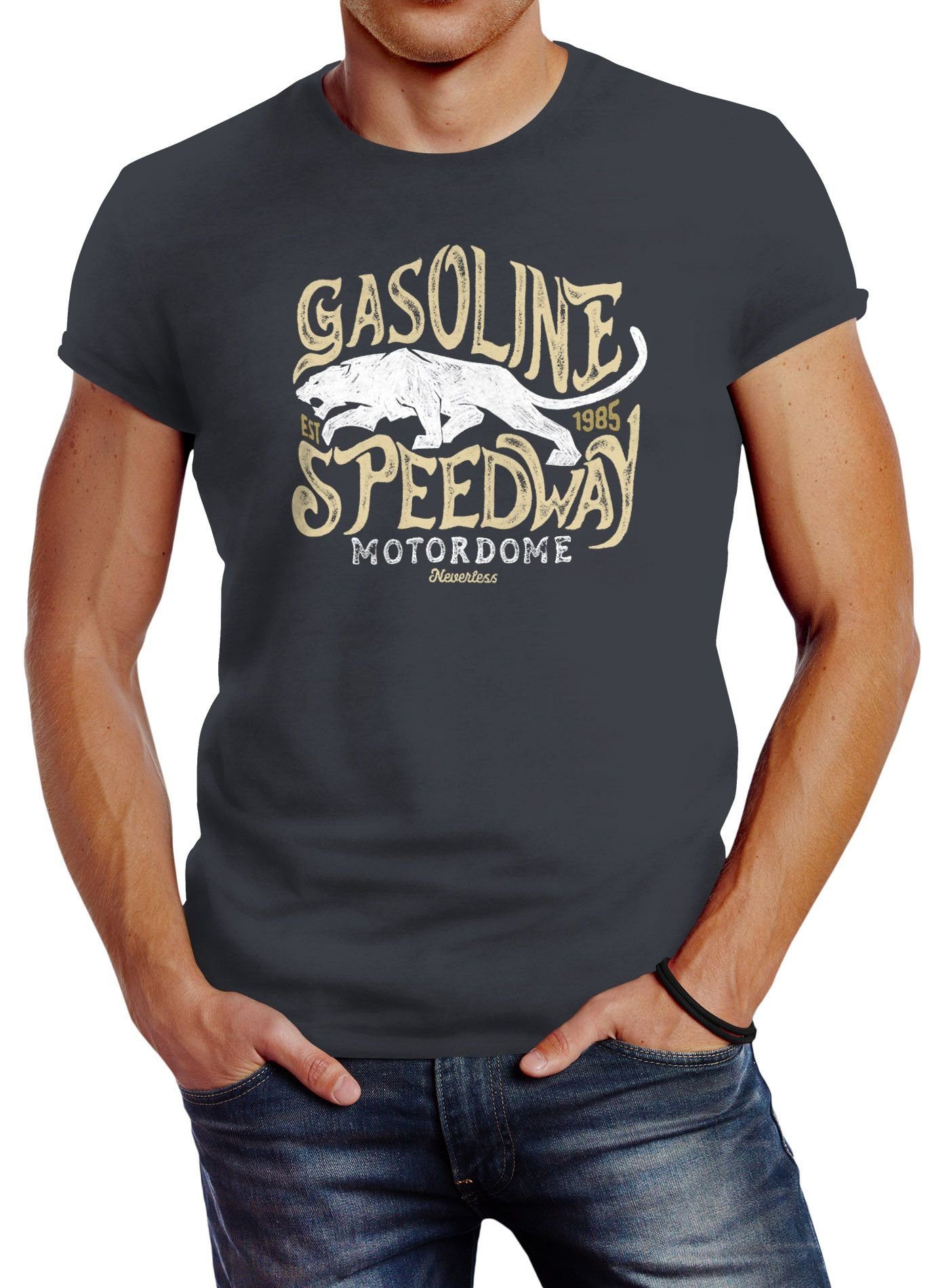 Neverless Print-Shirt Herren grau Print Panther mit T-Shirt Neverless® Slim Gasoline Fit Printshirt Speedway Motiv vintage