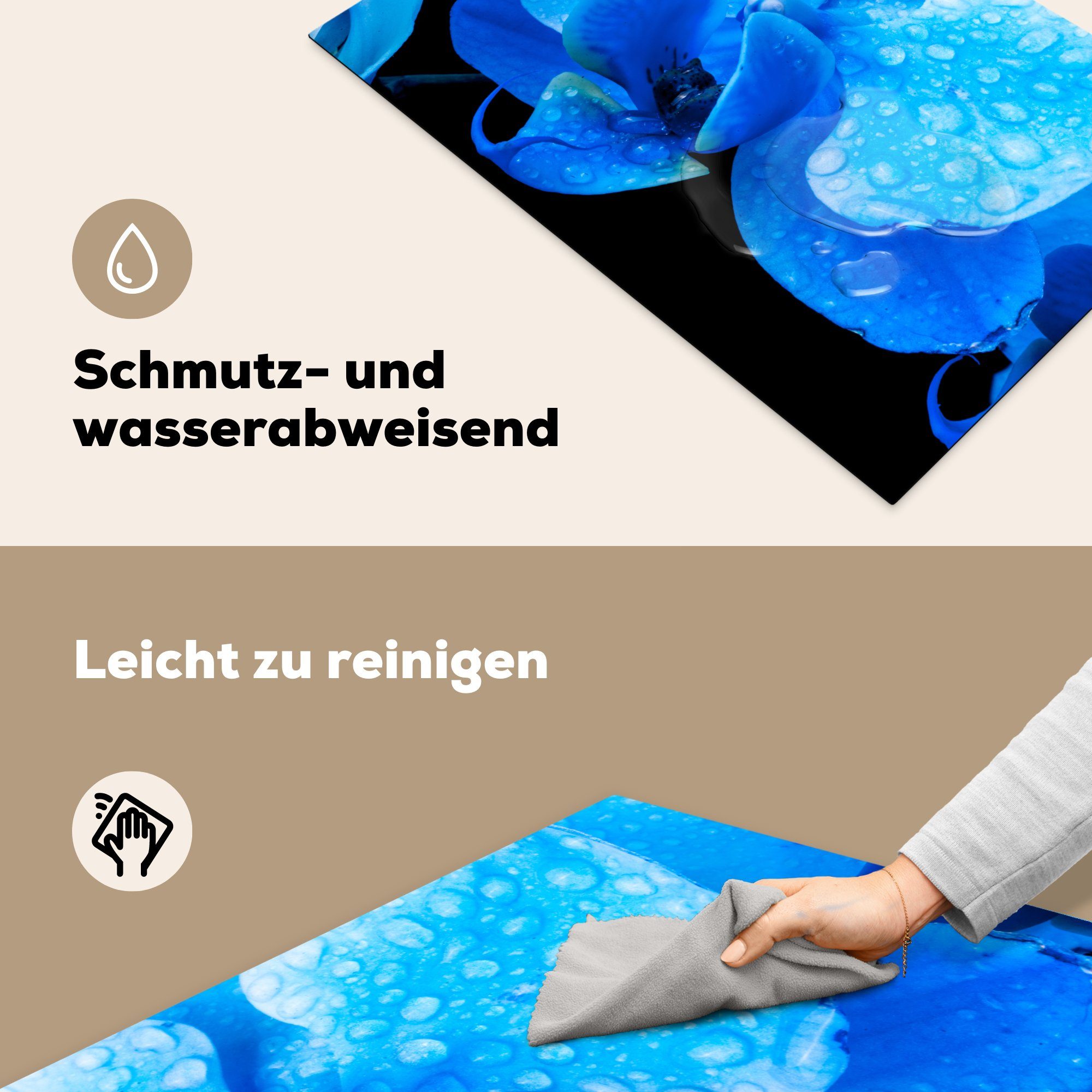 Ceranfeldabdeckung Schutz die Induktionskochfeld Vinyl, blauen Wassertropfen, küche, für cm, einer MuchoWow mit tlg), (1 81x52 Nahaufnahme Herdblende-/Abdeckplatte Orchidee