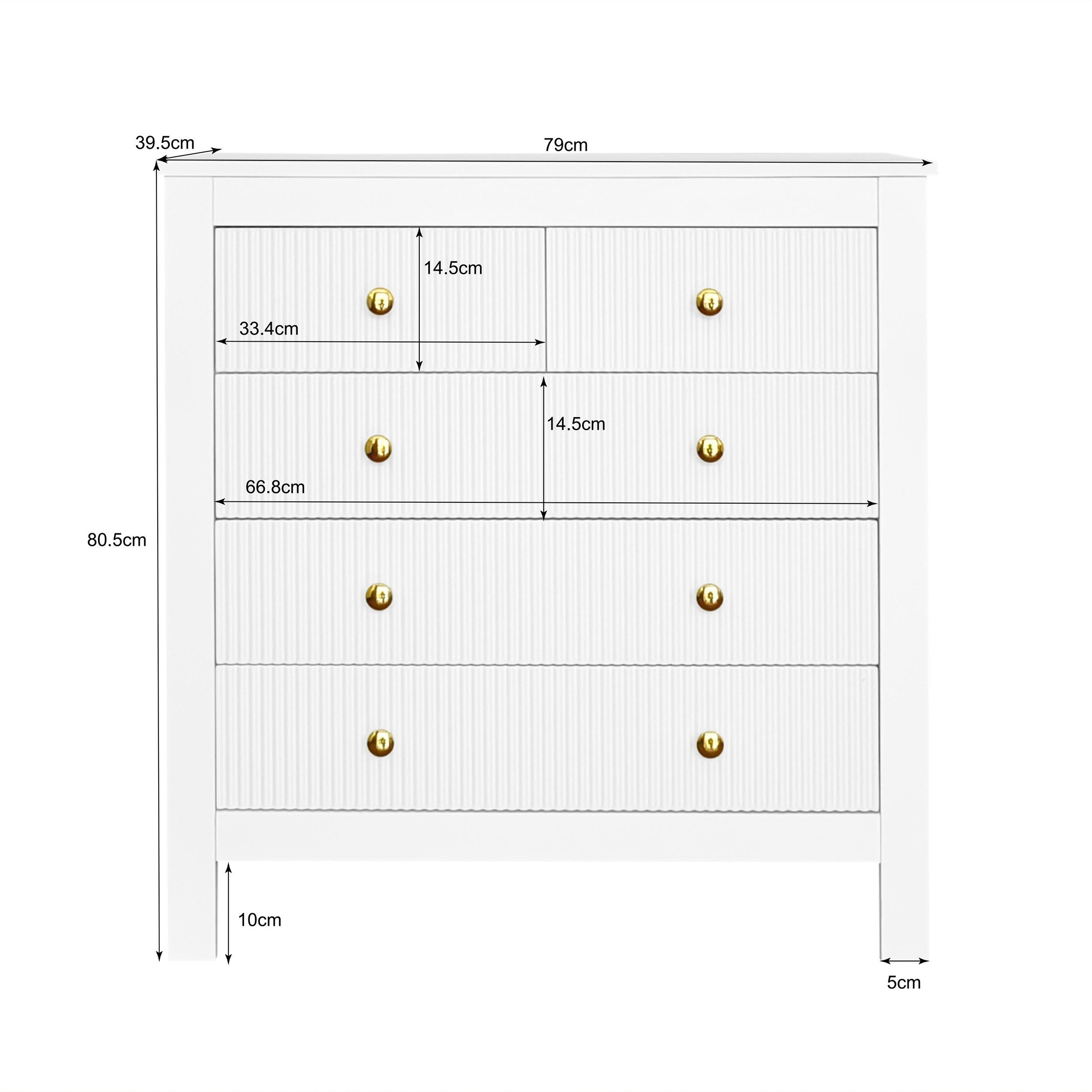 Sideboard Kommode mit Spezialtüren, Goldgriffen, 5 Schubladen Wohnzimmer Weiß