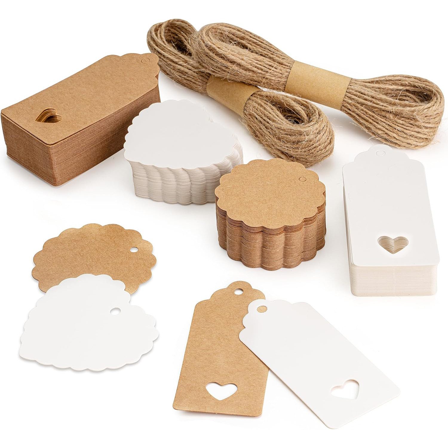 FOUORTUNATE-BEE Etiketten 200 Stück Etiketten Kraftpapier mit 30 Meter Jute Schnur, für Handmade, Geschenkdeko, Hochzeit Geschenk Weihnachten