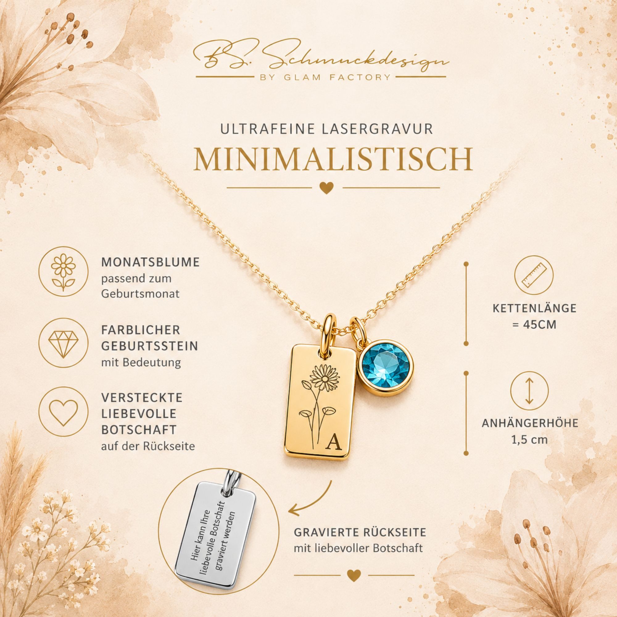 BS Schmuckdesign Kette mit Anhänger mit Gravur Personalisierte Halskette Damen mit Gravur Monatsblume Initiale (inkl. Geburtsstein), inkl. Geschenkbox – Bild 2 von 5