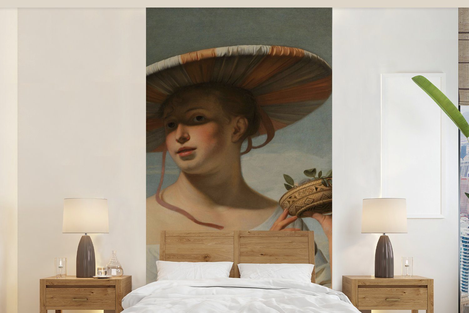 MuchoWow Fototapete Mädchen mit breitem Hut - Gemälde von Cäsar Boëtius van Everdingen, Matt, bedruckt, (2 St), Vliestapete für Wohnzimmer Schlafzimmer Küche, Fototapete