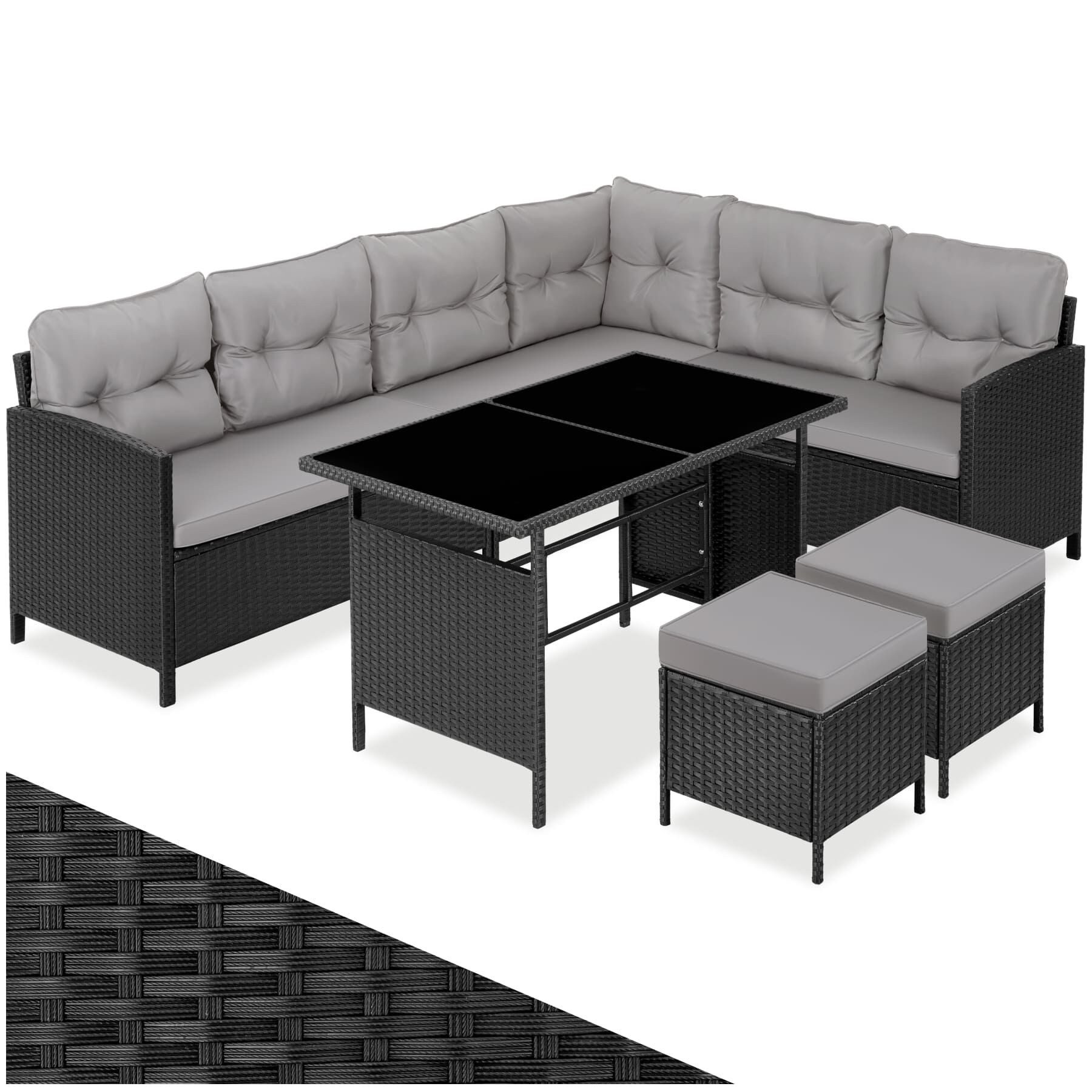 tectake Loungeset Rattan Sitzgruppe mit Sicherheitsglasplatten, für 6 bis 8 Personen, (Gartenlounge-set Barletta, 6-tlg., geeignet für Outdoor in Schwarz/Grau), widerstandsfähig und UV-beständig, dicke Rückenkissen
