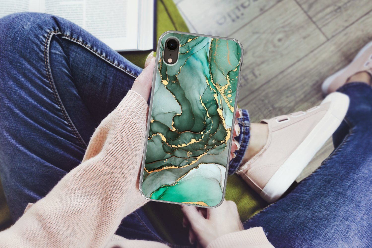 MuchoWow Handyhülle für Apple iPhone XR Gold - Marmor - Grün - Luxus - Marmoroptik - Grau, Smartphone-Bumper, Print, Handy Schutzhülle Dünn