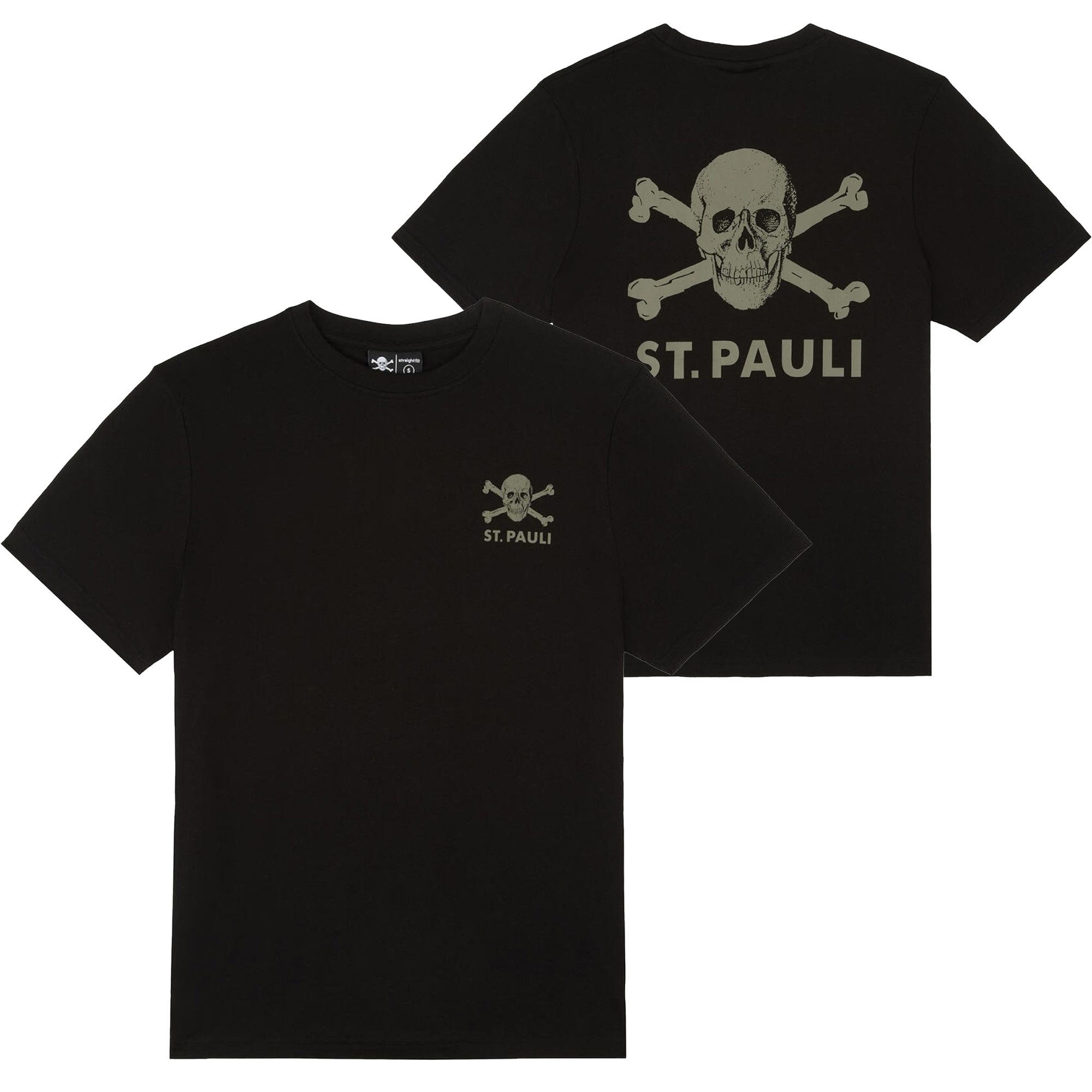 FC St. Pauli T-Shirt FC St. Pauli - T-Shirt Black-Olive Totenkopf mit Rückenprint - schwarz