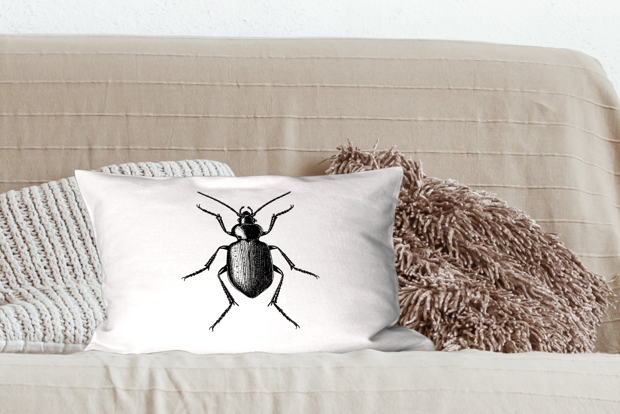 Käfer weiß, Füllung, mit Schlafzimmer Tiere Schwarz Wohzimmer Dekokissen Vintage MuchoWow - - - Dekokissen Dekoration, Zierkissen, und