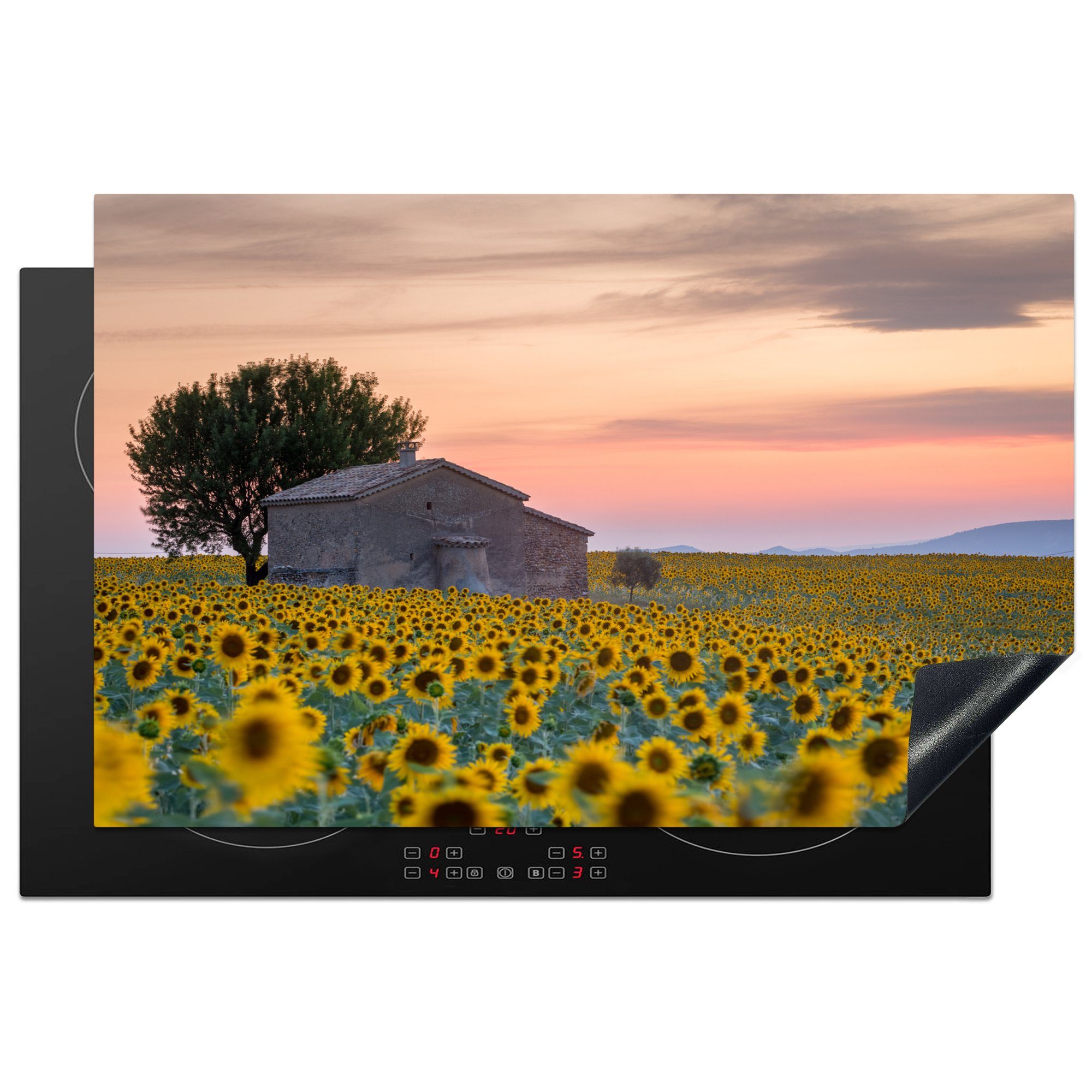 MuchoWow Herdblende-/Abdeckplatte Frankreich - Sonnenblumenfeld - Bauernhof, Vinyl, (1 tlg), 81x52 cm, Induktionskochfeld Schutz für die küche, Ceranfeldabdeckung