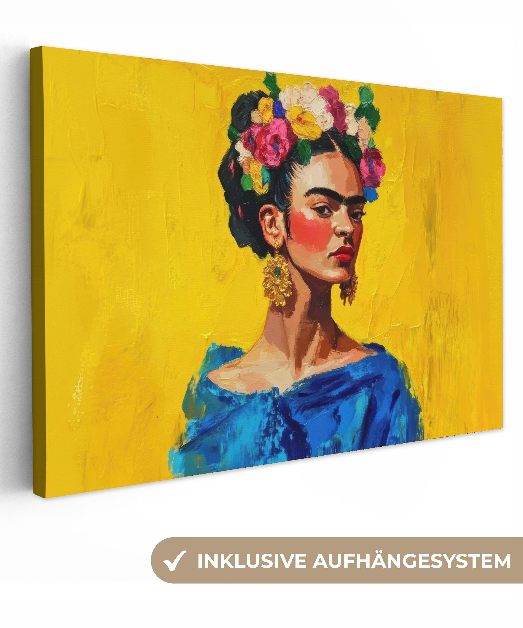 OneMillionCanvasses® Leinwandbild Frida Kahlo - Frau - Gelb - Blau - Blumen günstig online kaufen