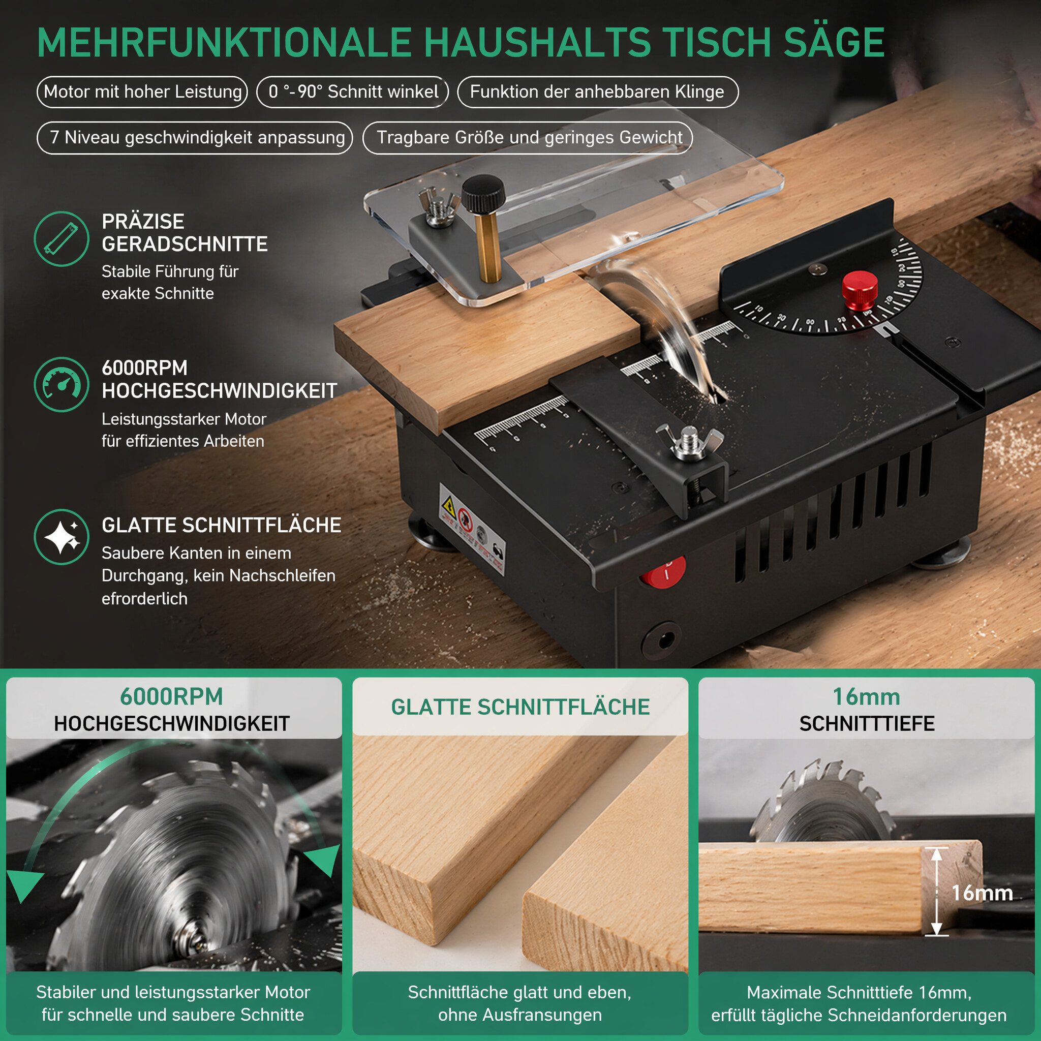 GARRYFIZH Tischkreissäge Tischkreissäge Tischkreissägen 6000 U/min Tischsäge, Set, Hohe Drehzahl Verstellbarer Winkel Geeignet für Grooven
