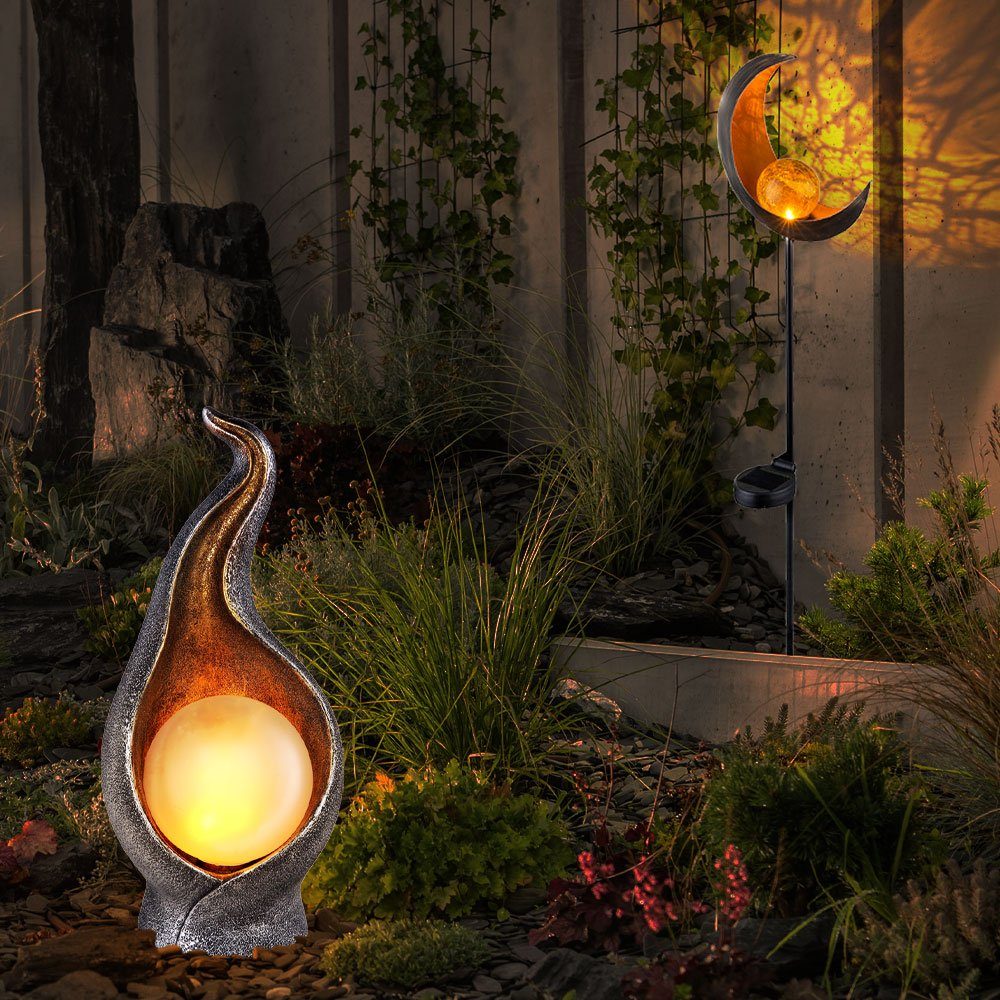 etc-shop Gartenleuchte, LED-Leuchtmittel Flamme Set Garten Solar verbaut, 2er Leuchten bronze Steck fest Steh Mond LED